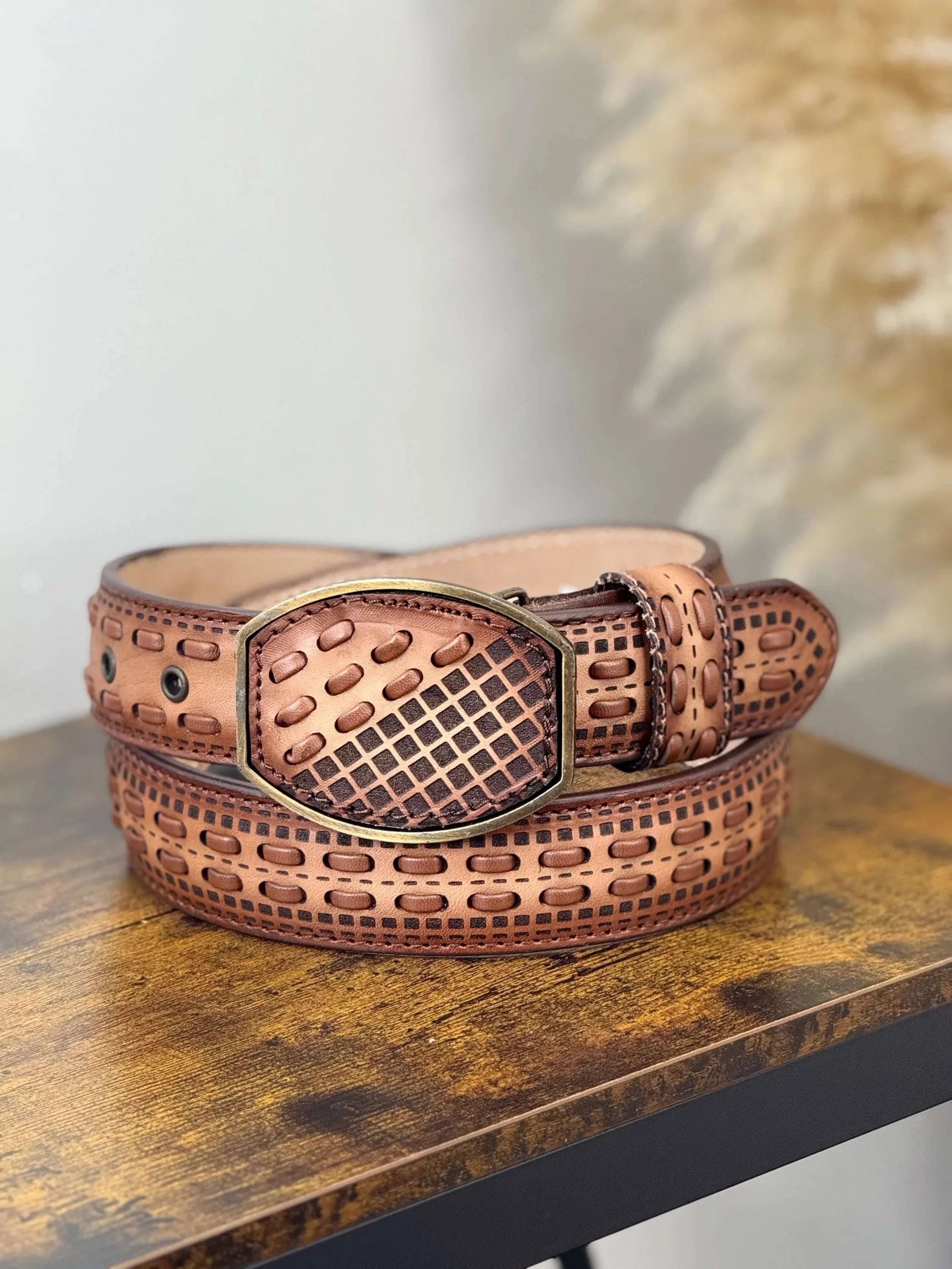 BROWN LASER WITH BLACK STITCHING MEN BELT CINTURONES HOMBRES