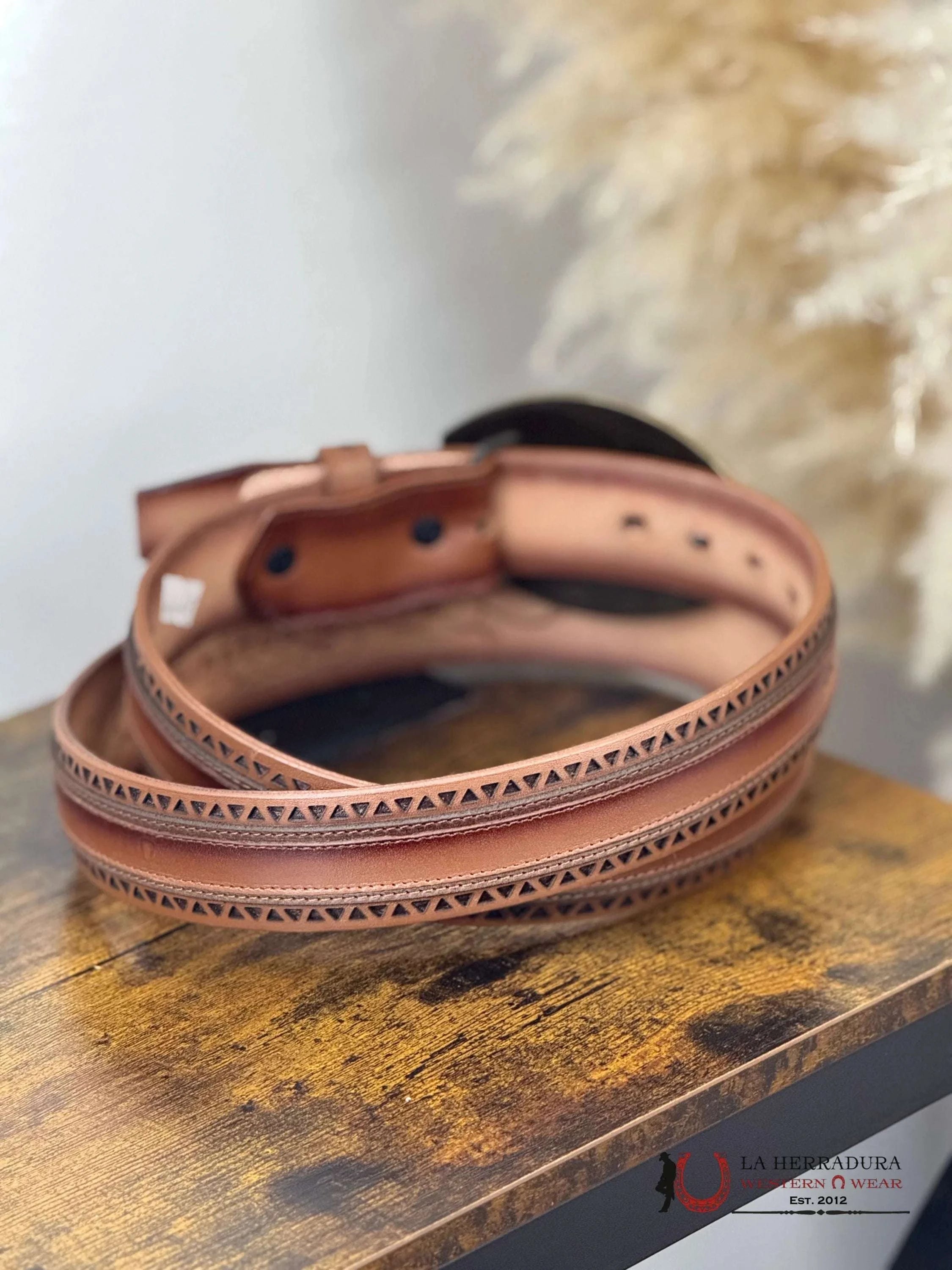BROWN TRIANGLE STITCHED MEN BELT GOLD ROUND BUCKLE CINTURONES HOMBRES