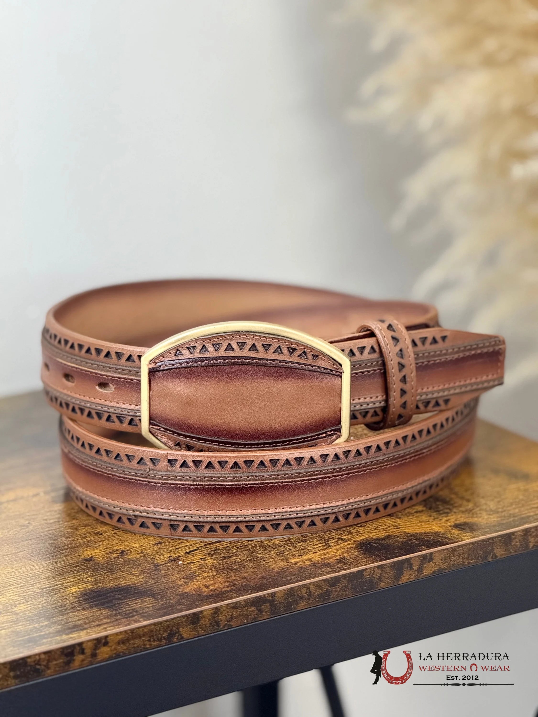 BROWN TRIANGLE STITCHED MEN BELT GOLD ROUND BUCKLE CINTURONES HOMBRES