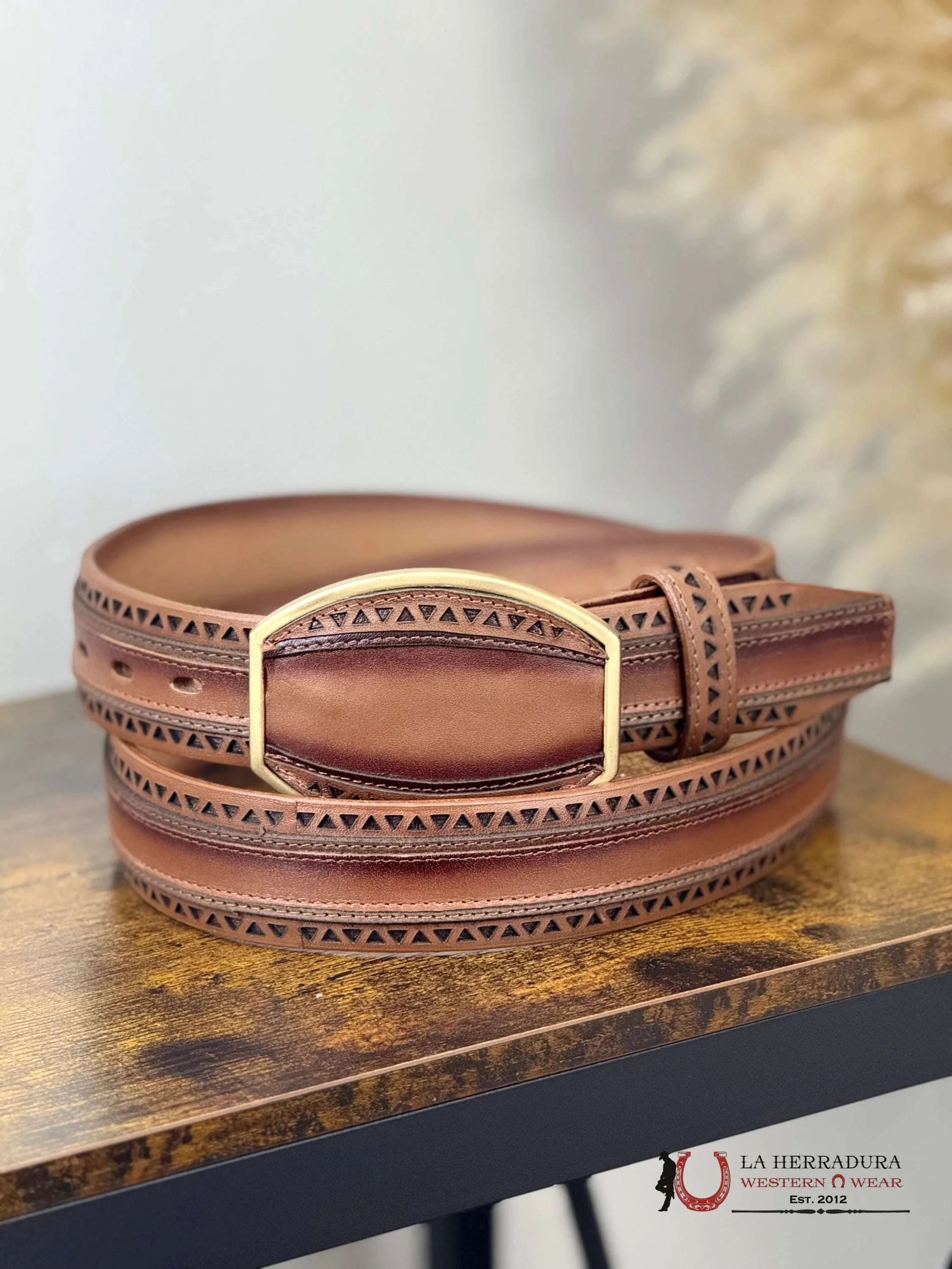 BROWN TRIANGLE STITCHED MEN BELT GOLD ROUND BUCKLE CINTURONES HOMBRES