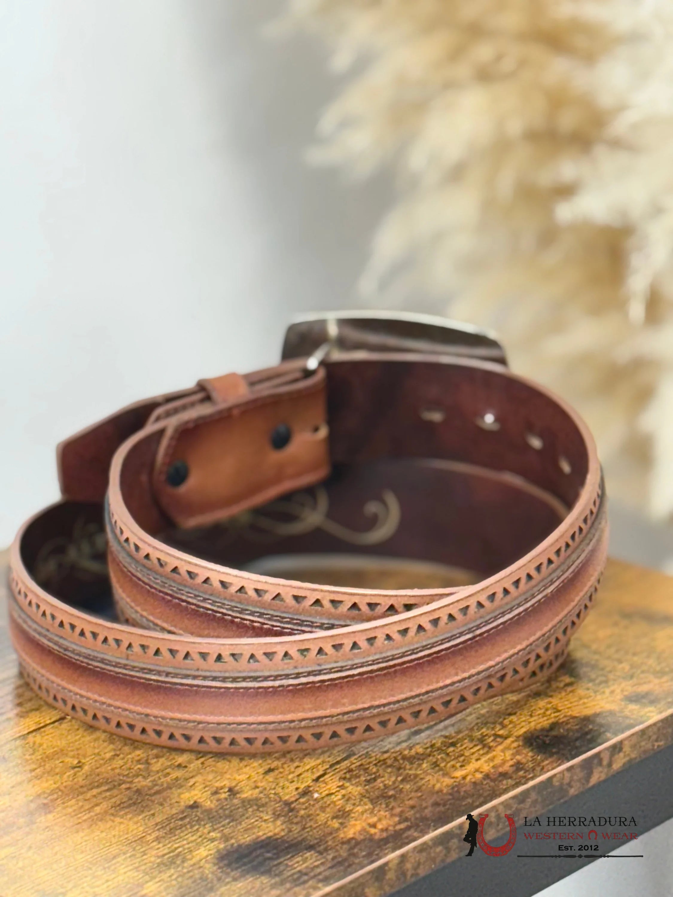 BROWN TRIANGLE STITCHED MEN BELT SILVER SQUARE BUCKLE CINTURONES HOMBRES