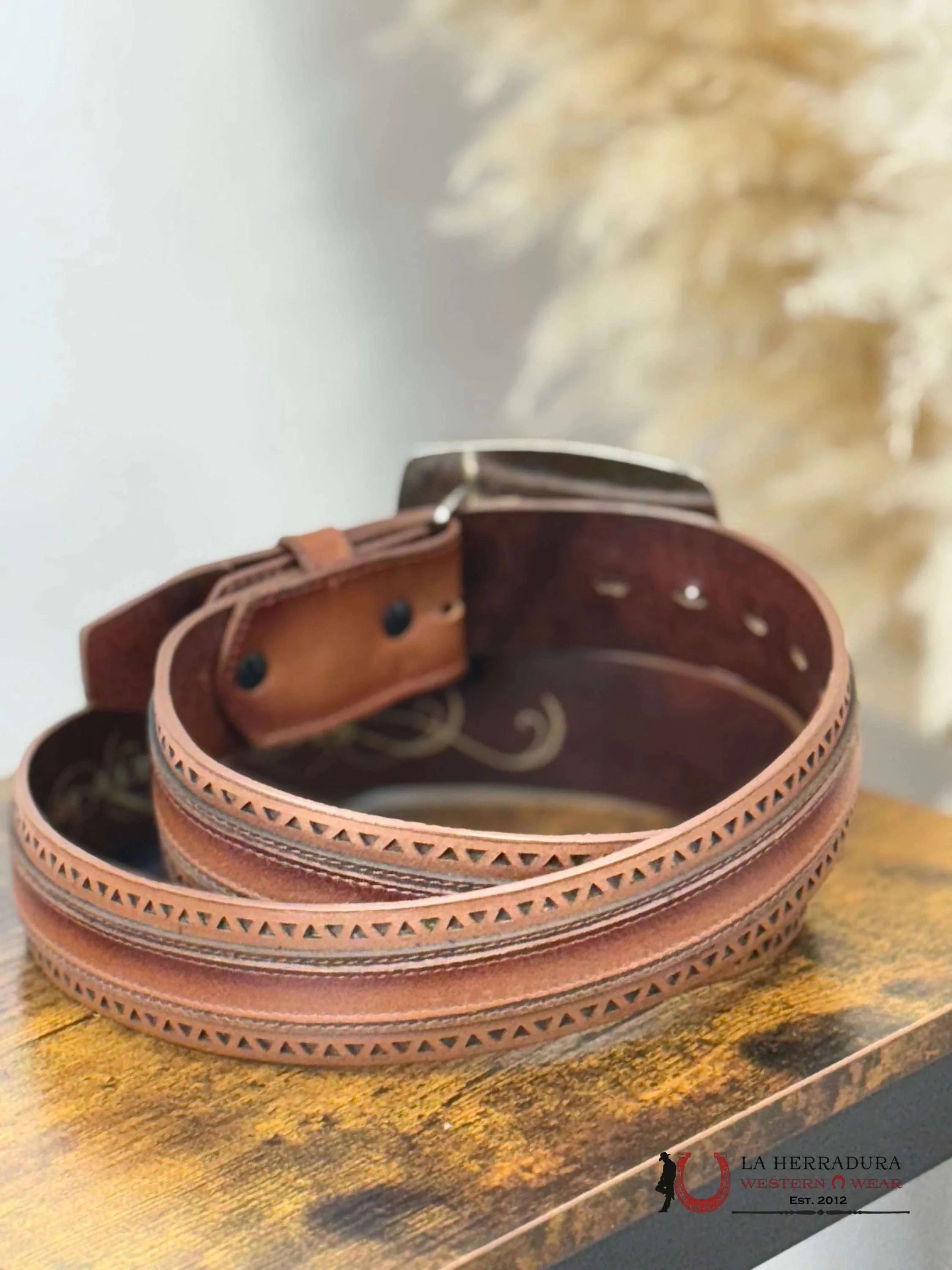 BROWN TRIANGLE STITCHED MEN BELT SILVER SQUARE BUCKLE CINTURONES HOMBRES