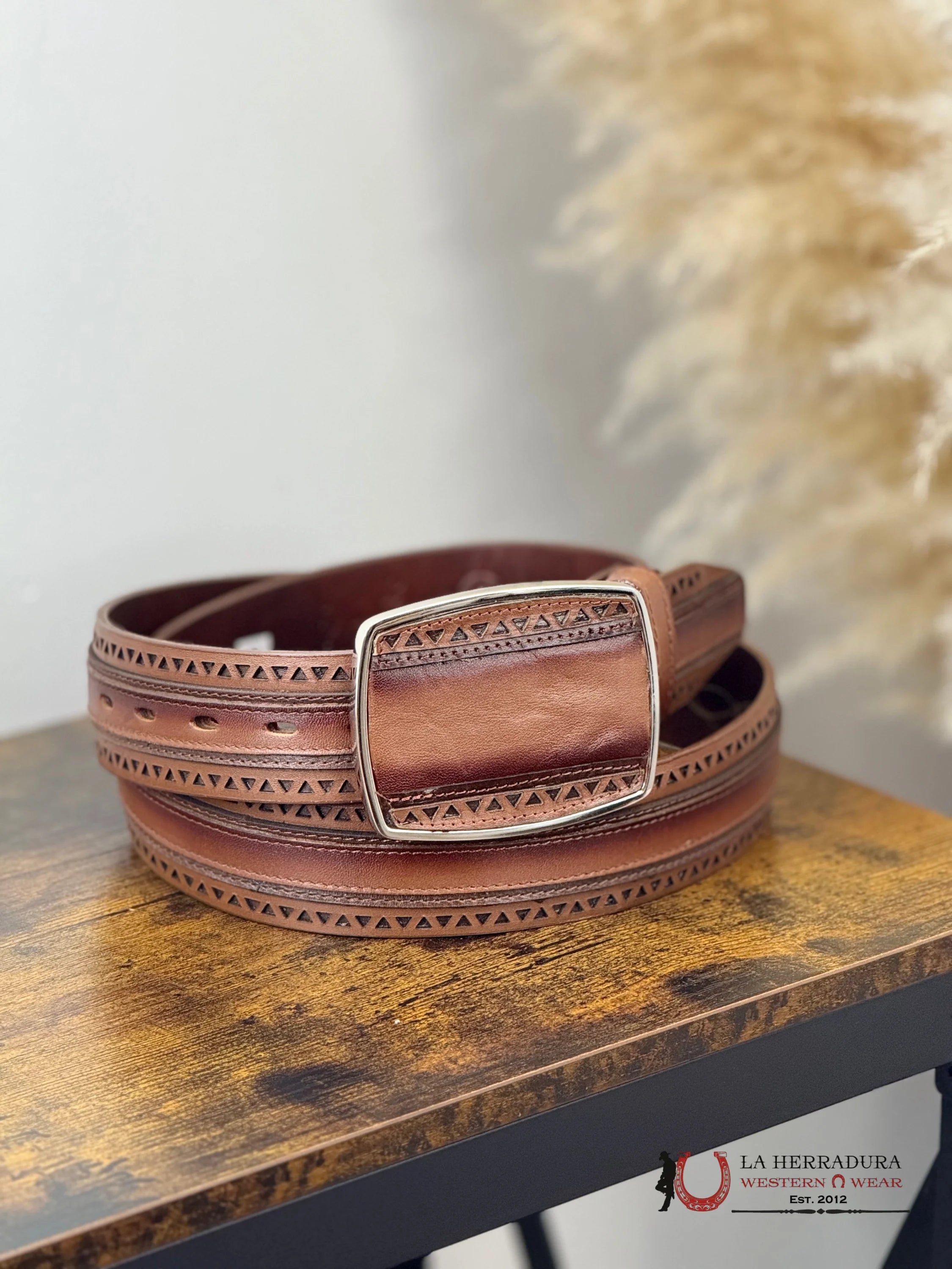 BROWN TRIANGLE STITCHED MEN BELT SILVER SQUARE BUCKLE CINTURONES HOMBRES