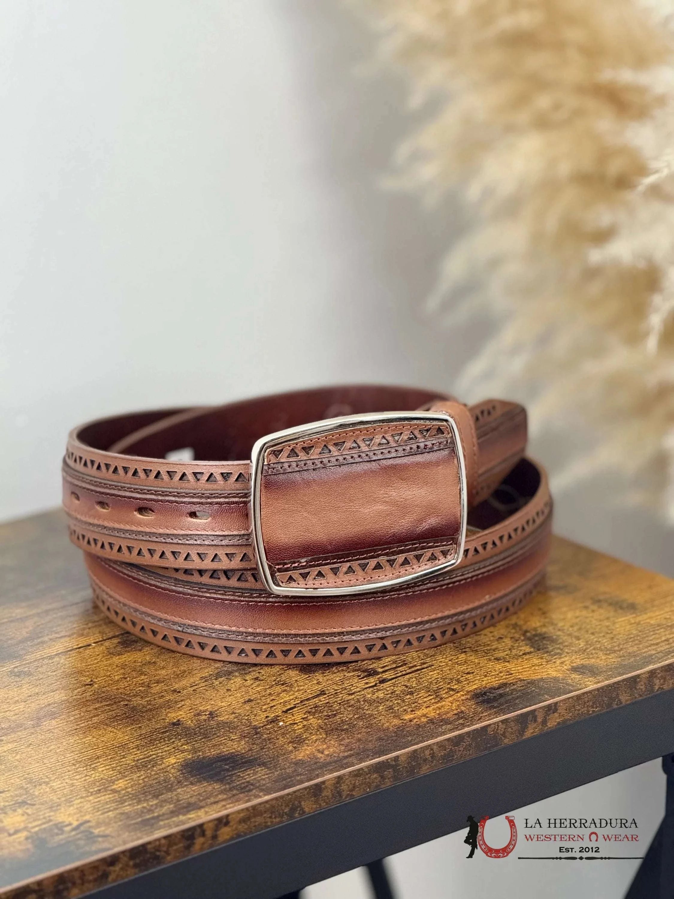 BROWN TRIANGLE STITCHED MEN BELT SILVER SQUARE BUCKLE CINTURONES HOMBRES