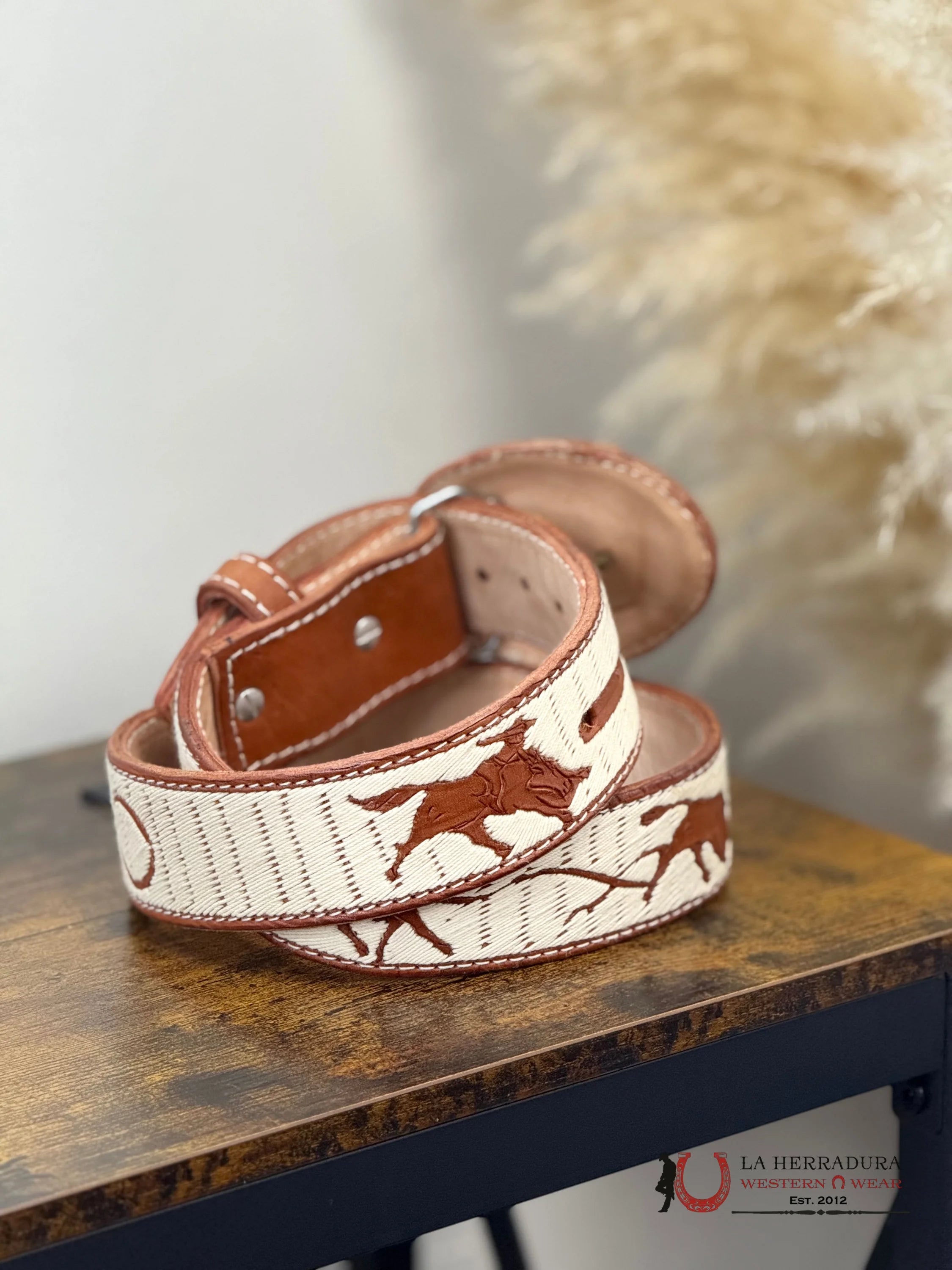 BROWN & WHITE BULL ROPE ROUND BUCKLE MEN BELT CINTURONES HOMBRES