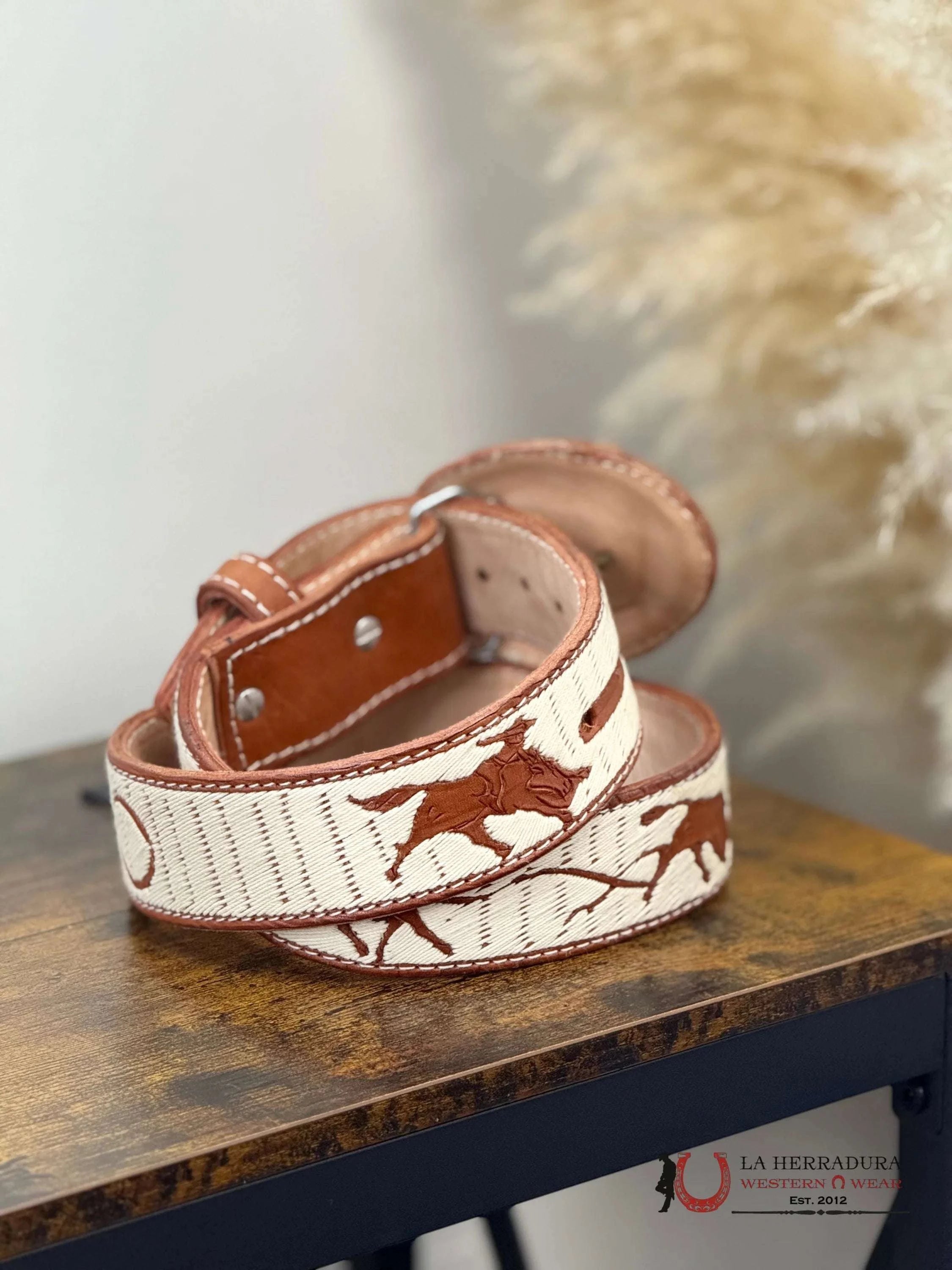 BROWN & WHITE BULL ROPE ROUND BUCKLE MEN BELT CINTURONES HOMBRES