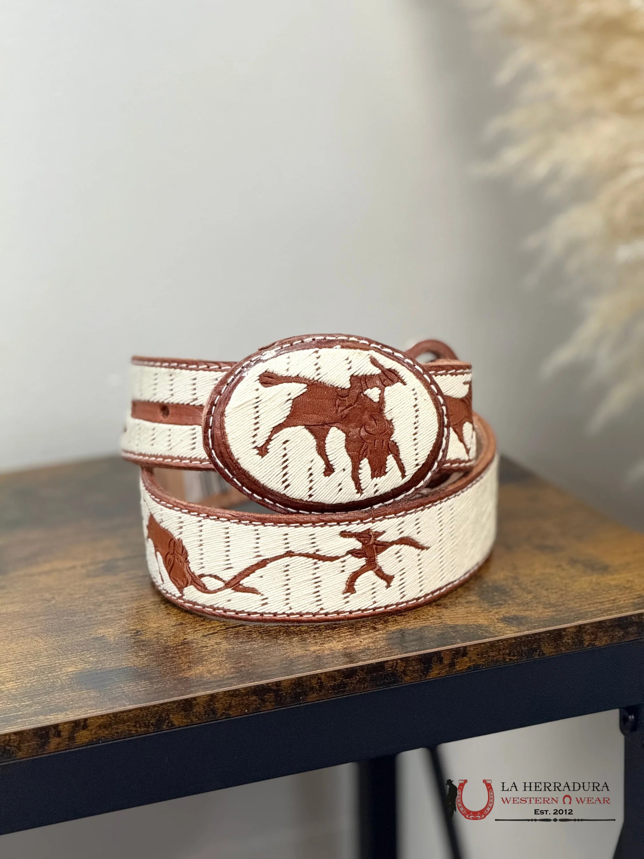 BROWN & WHITE BULL ROPE ROUND BUCKLE MEN BELT CINTURONES HOMBRES