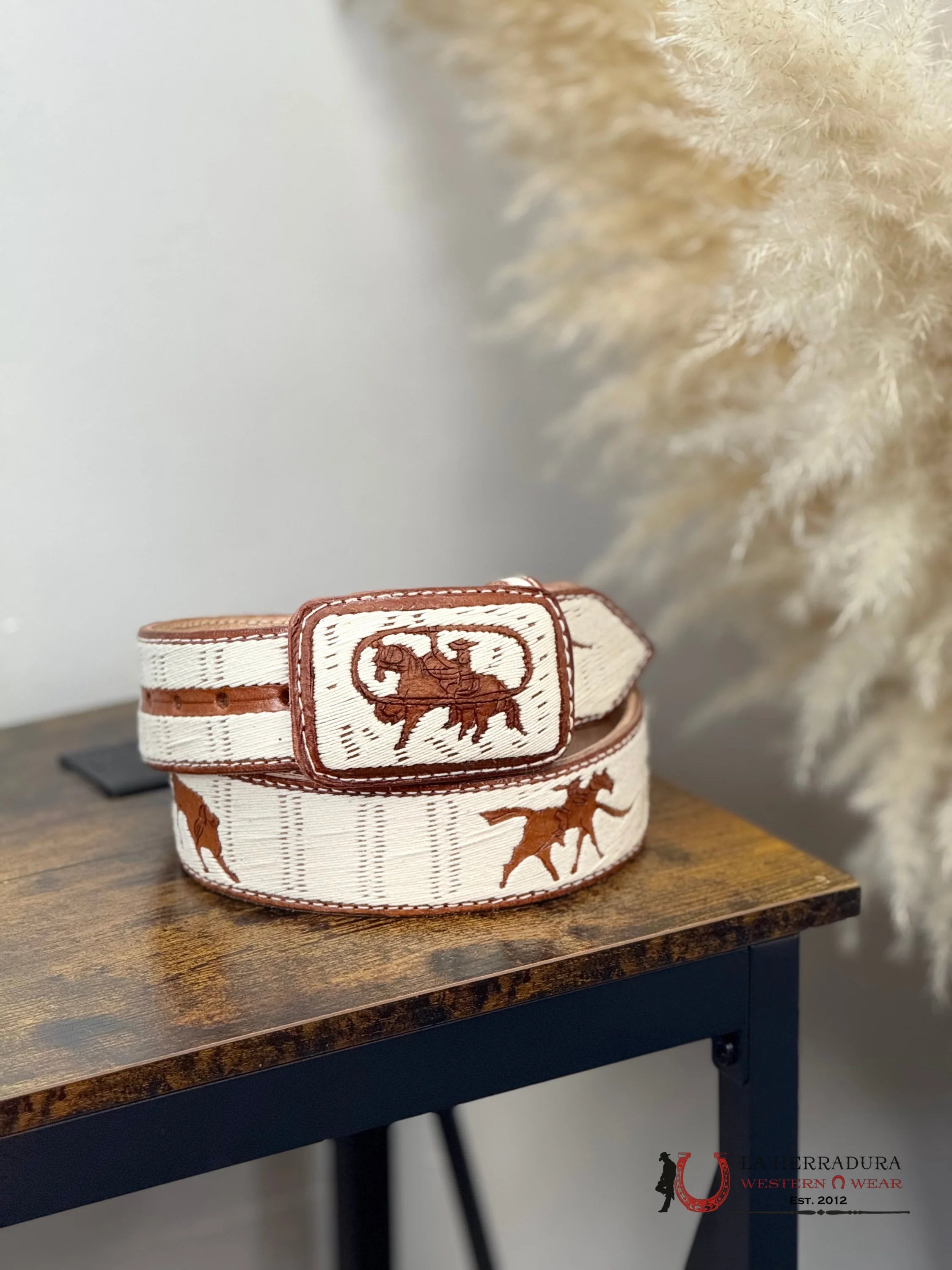 BROWN & WHITE BULL ROPE SQUARE BUCKLE MEN BELT CINTURONES HOMBRES