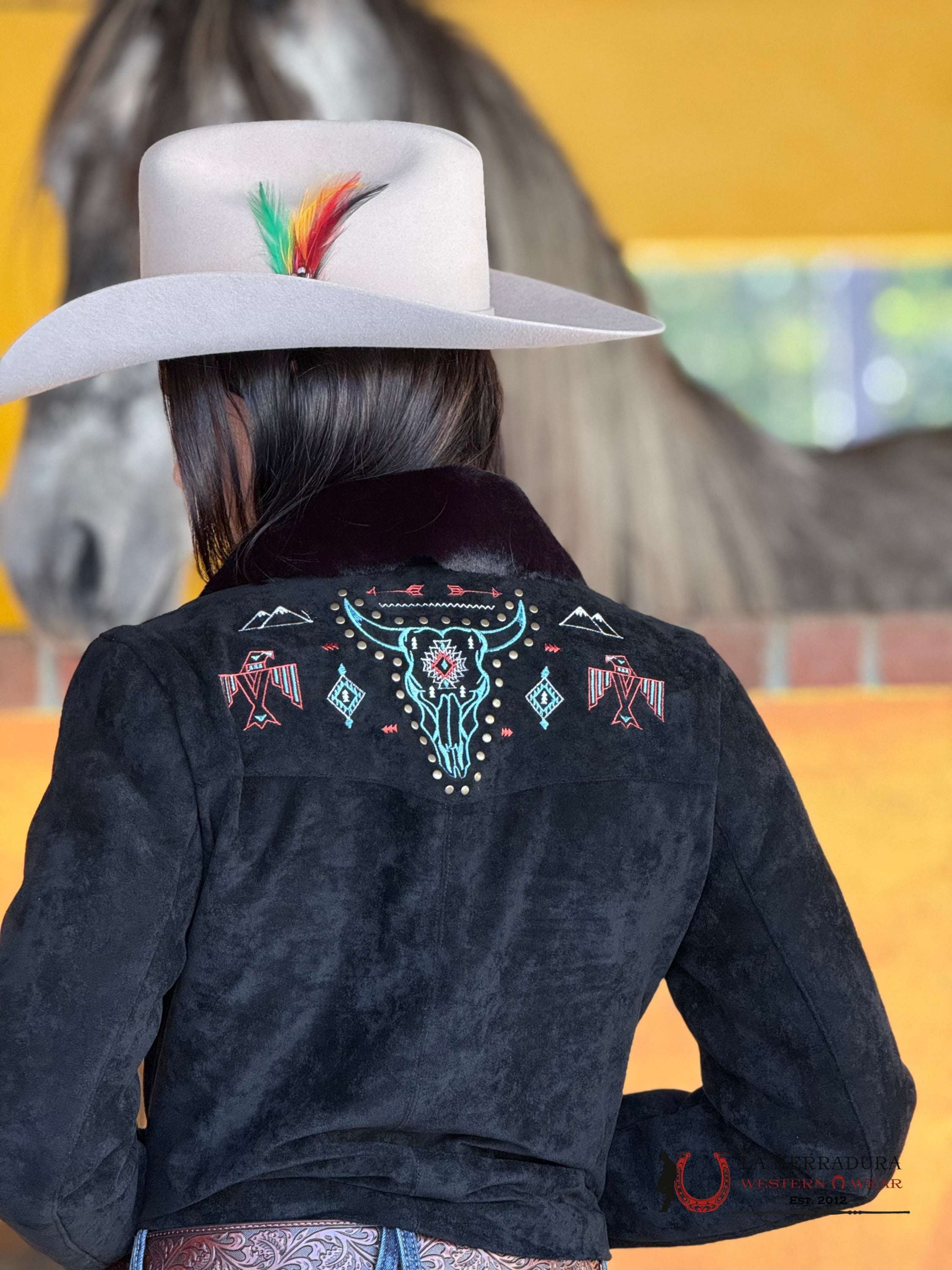 Button Up Black Jacket W/ Aztec Bull Design Ropa Mujeres