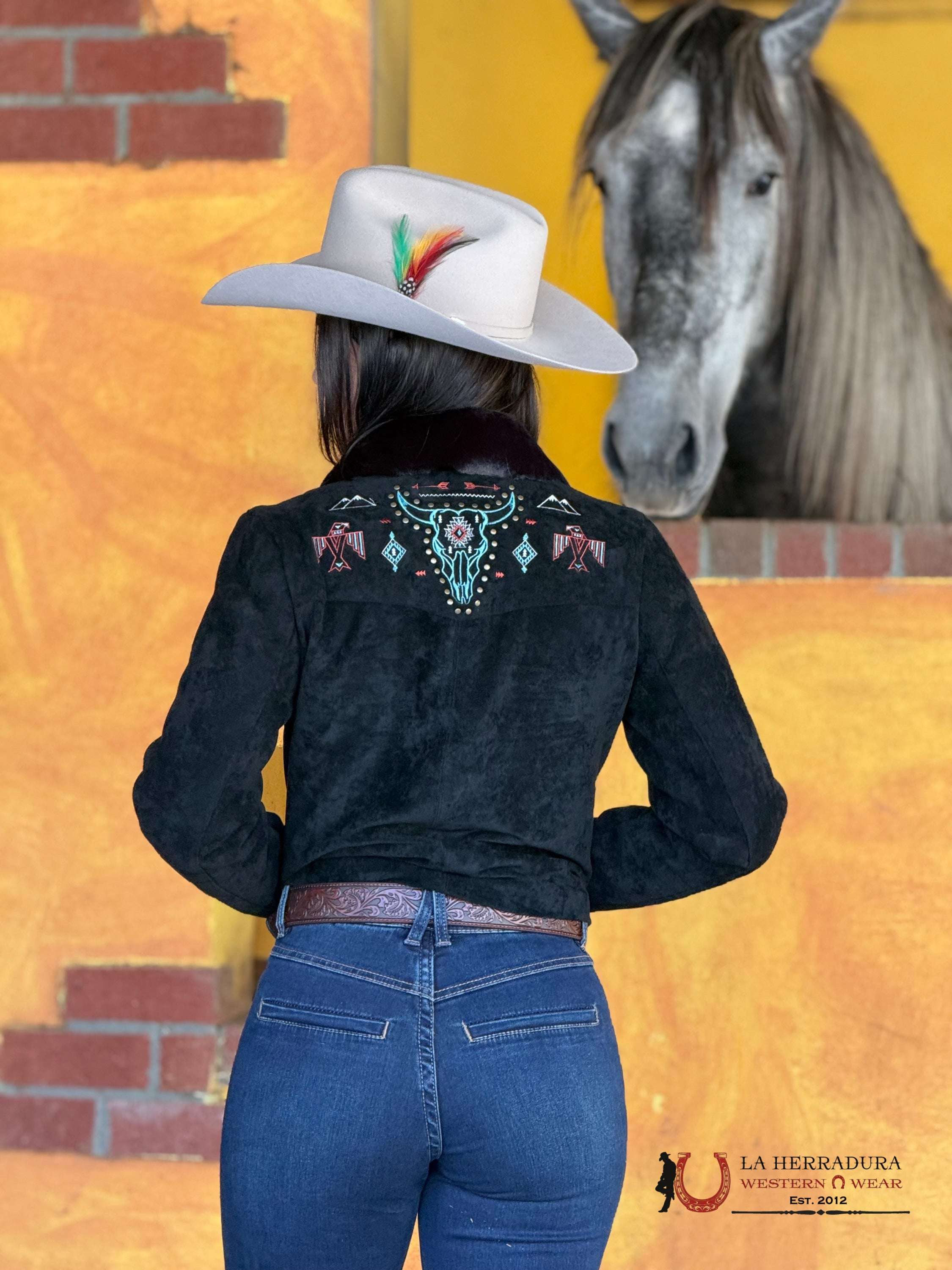 Button Up Black Jacket W/ Aztec Bull Design Ropa Mujeres