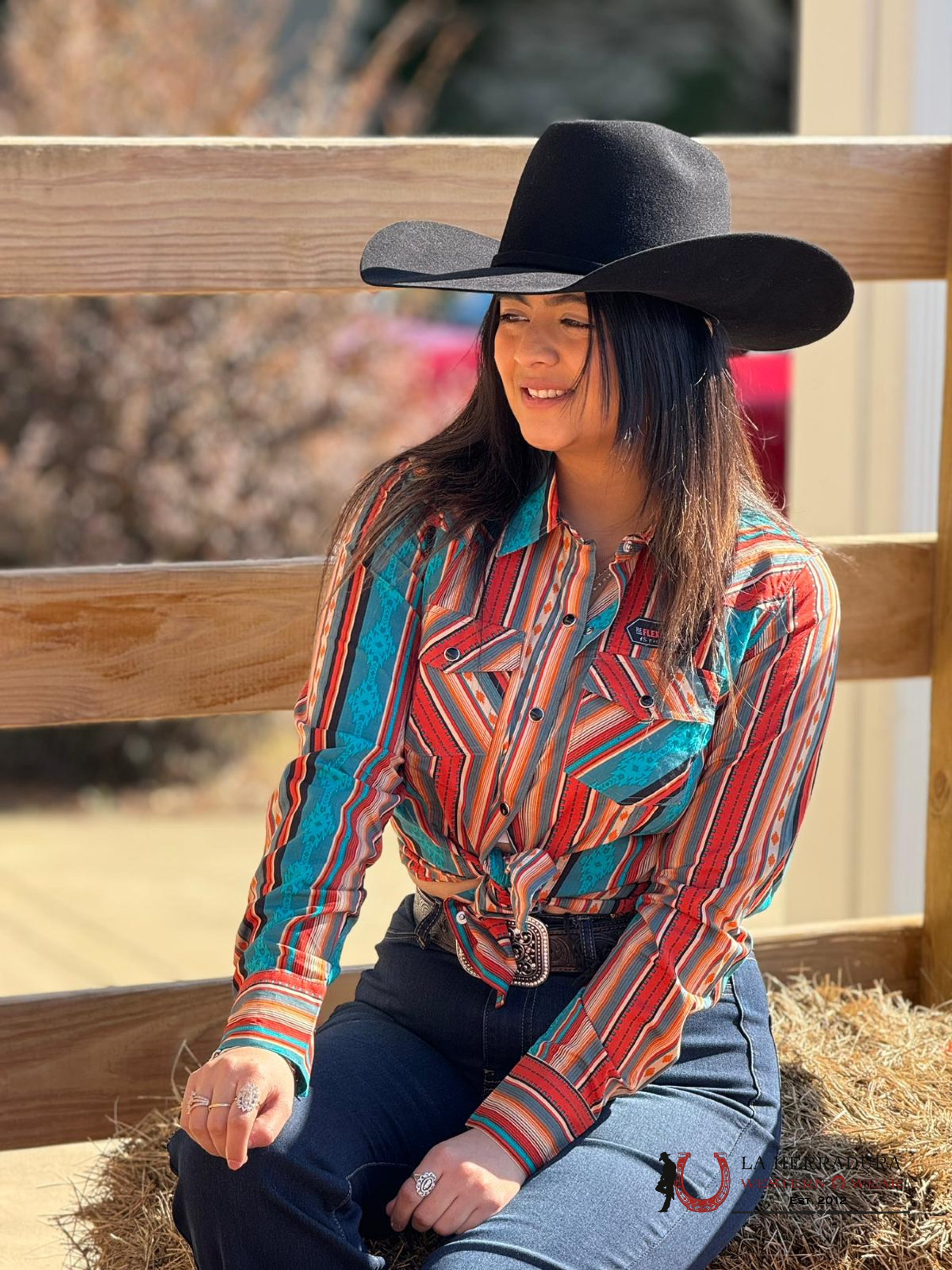 Camisa Mujeres Rock&Roll Caribbean Red/Teal/Multi-Striped Pearl Snap Ropa