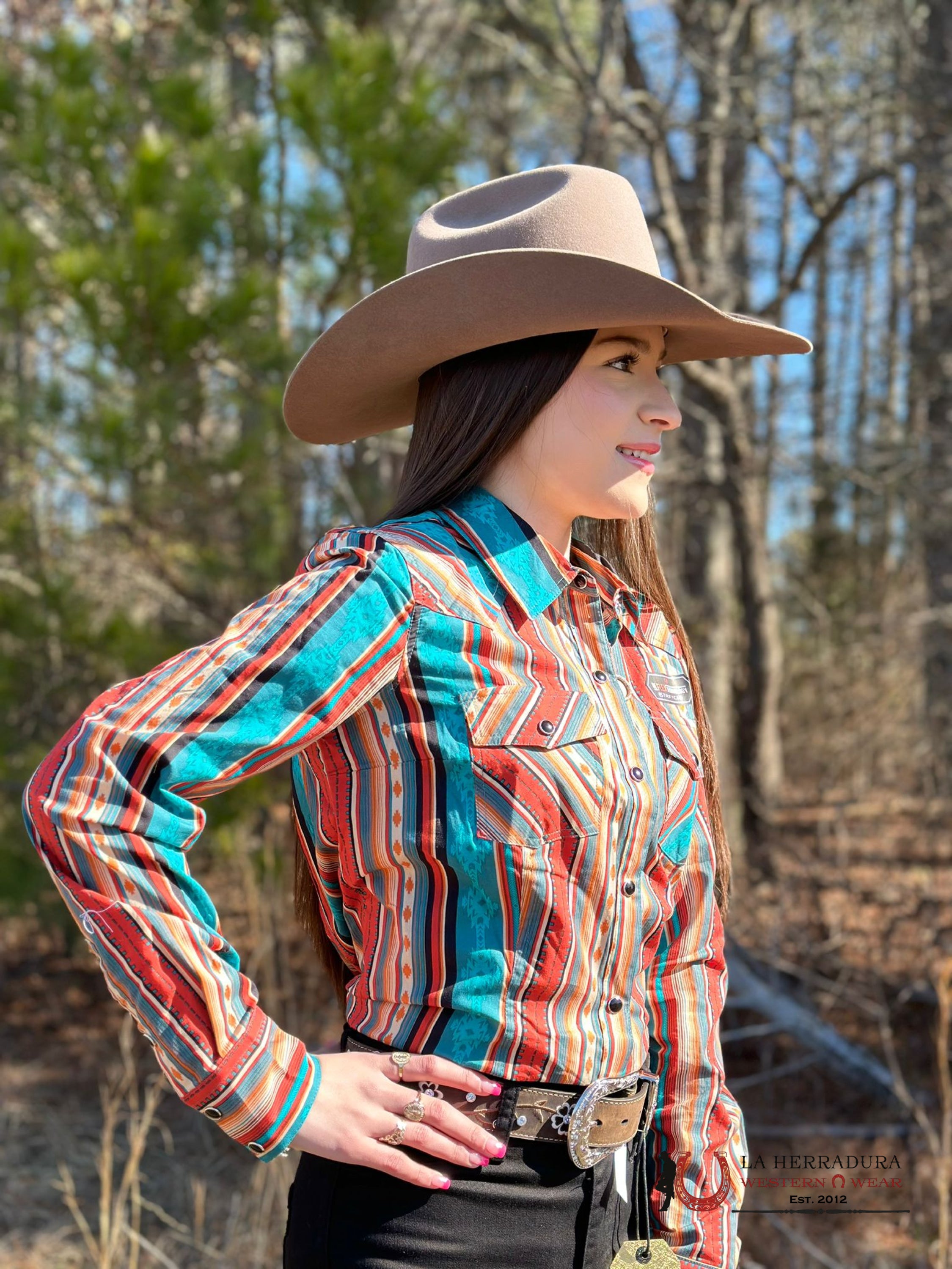 Camisa Mujeres Rock&Roll Caribbean Red/Teal/Multi-Striped Pearl Snap Ropa