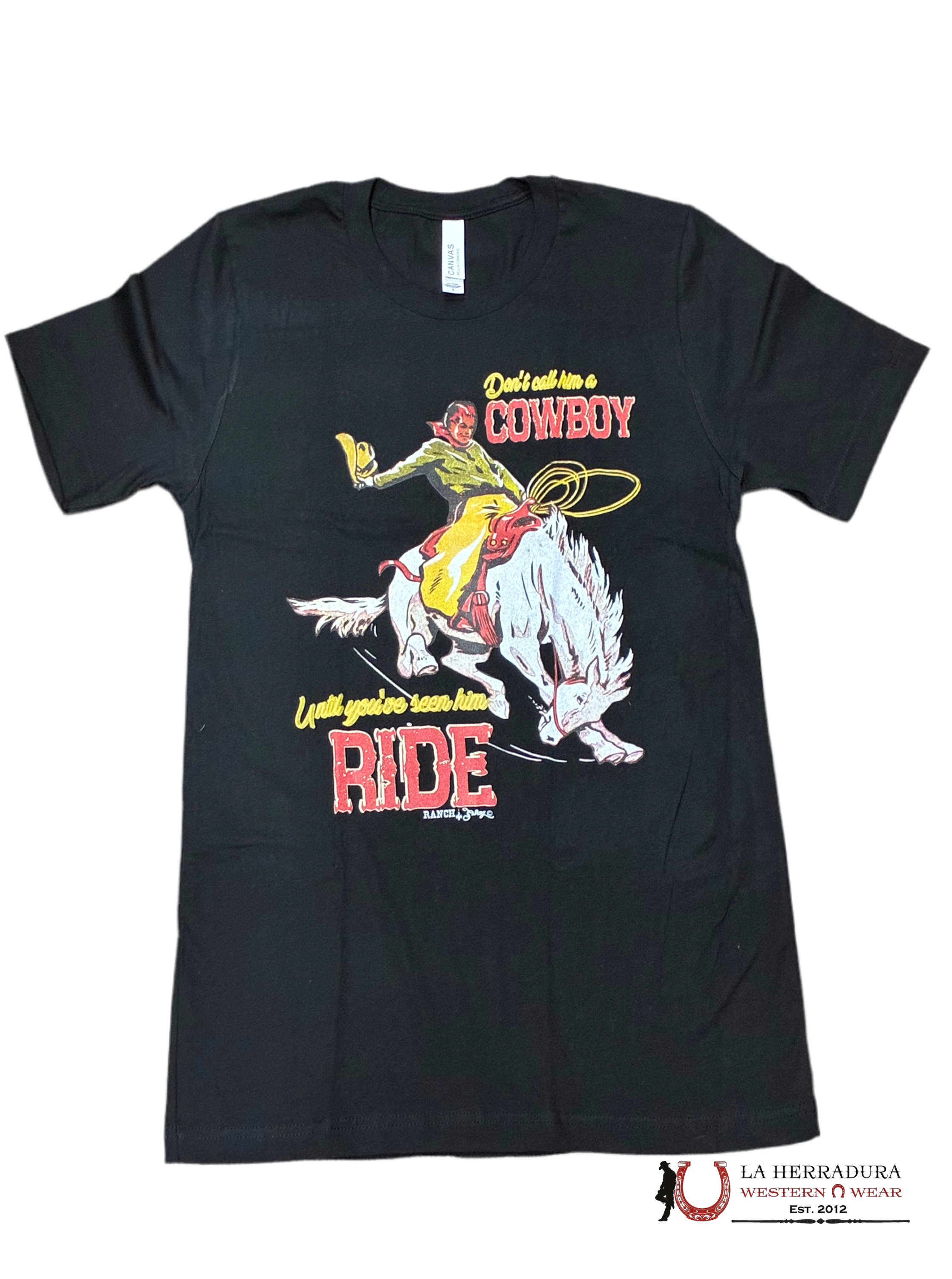 CANVAS BELLA WOMEN T-SHIRT BLACK BRONC RIDER DONT CALL HIM A COWBOY ROPA MUJERES