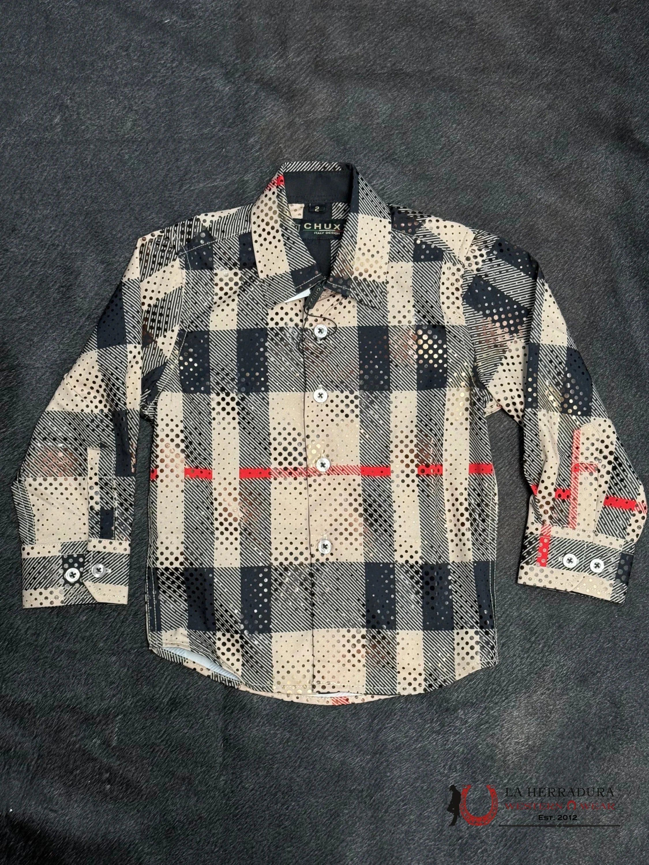 CHUXX ITALY DESIGN KIDS SHIRT KHAKI AND RED LCS121 NIÑOS