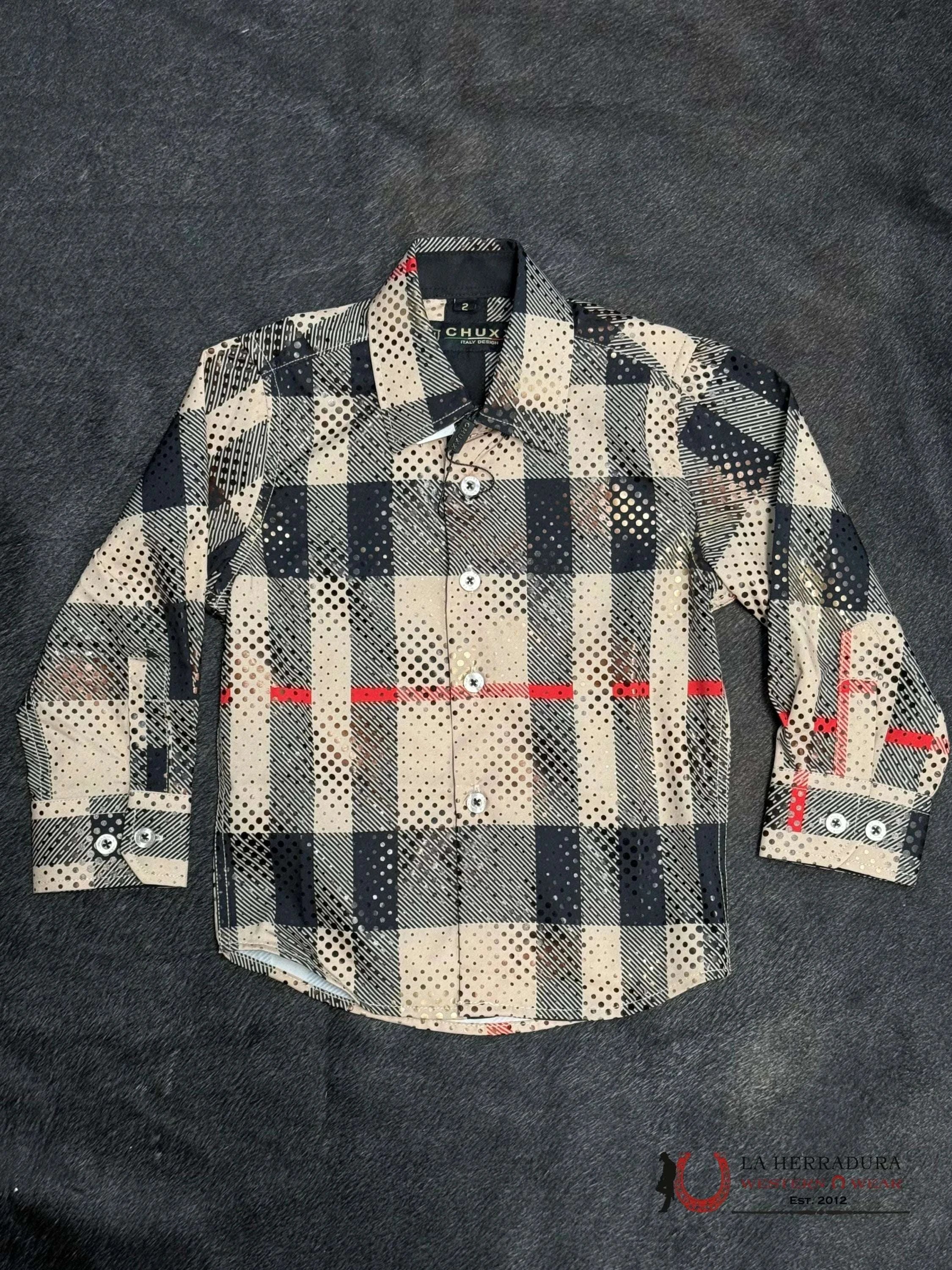 CHUXX ITALY DESIGN KIDS SHIRT KHAKI AND RED LCS121 NIÑOS