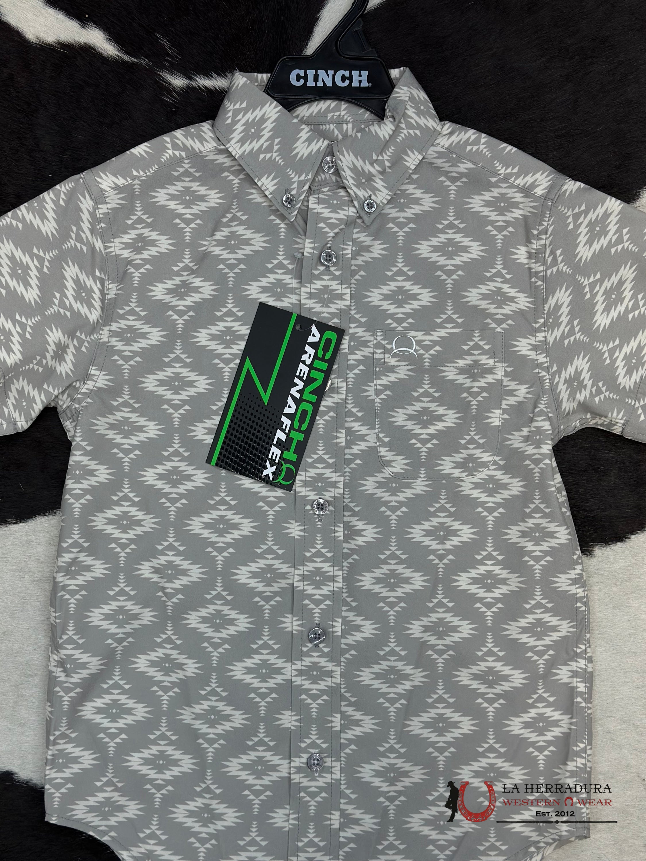 Cinch Boys Grey Aztec Snap Short Sleeve Niños