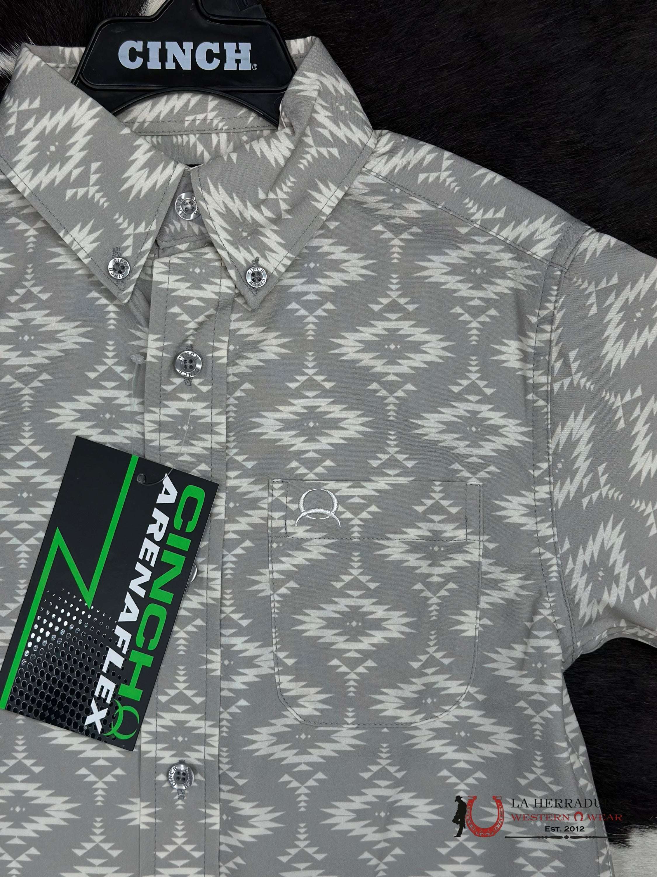 Cinch Boys Grey Aztec Snap Short Sleeve Niños