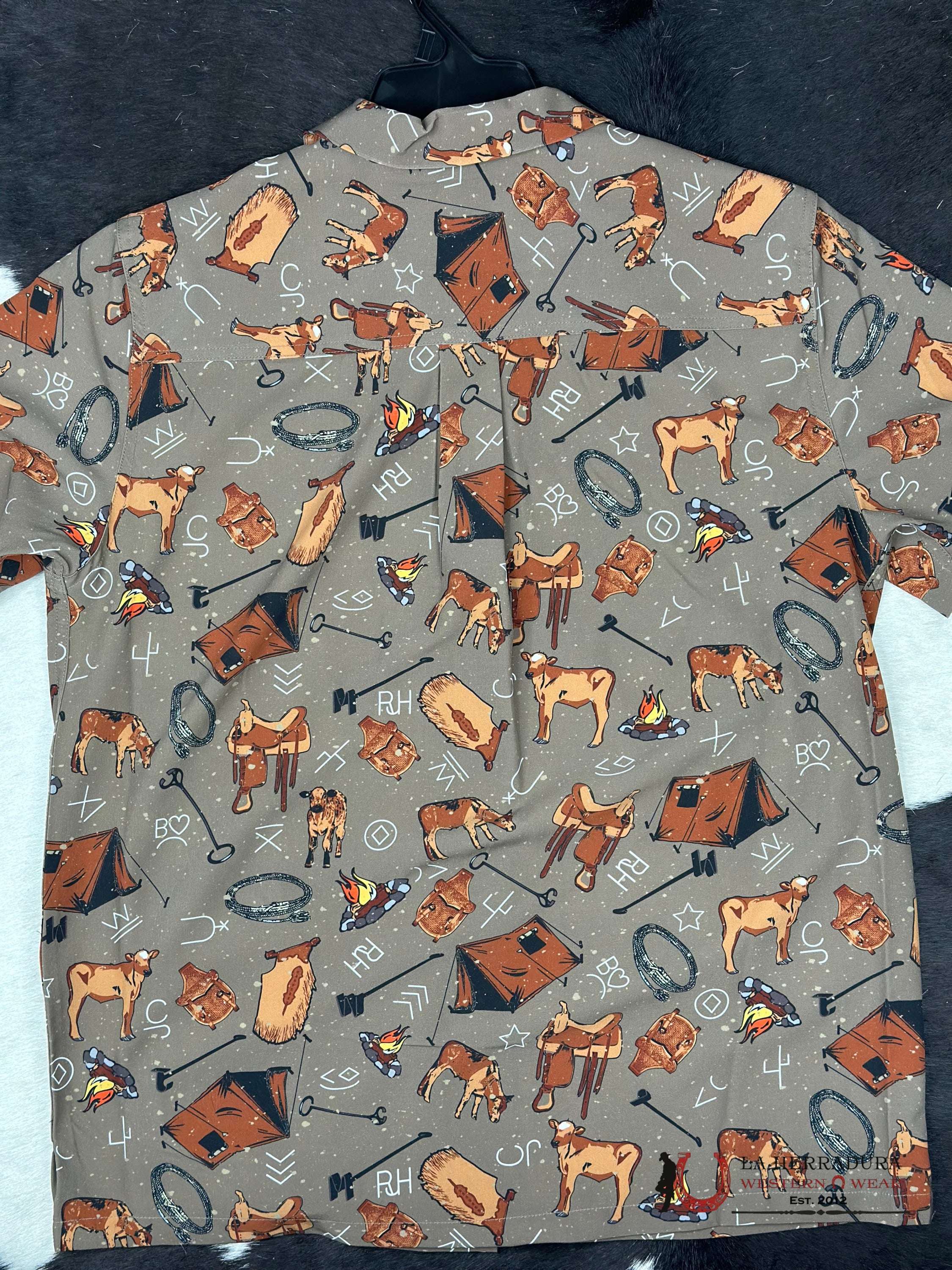 Cinch Brown Western Print V Cut Button Up Short Sleeve Ropa Hombres