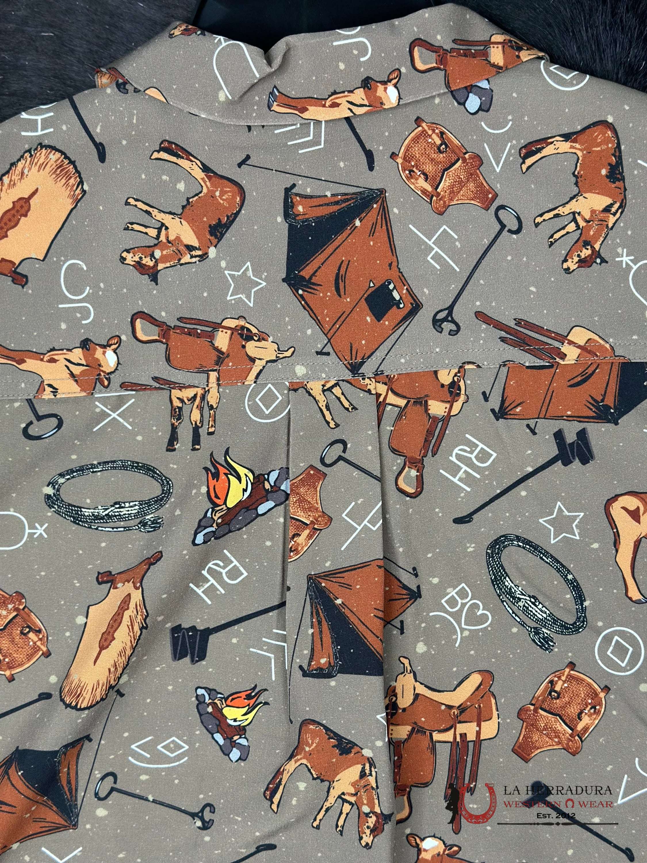 Cinch Brown Western Print V Cut Button Up Short Sleeve Ropa Hombres