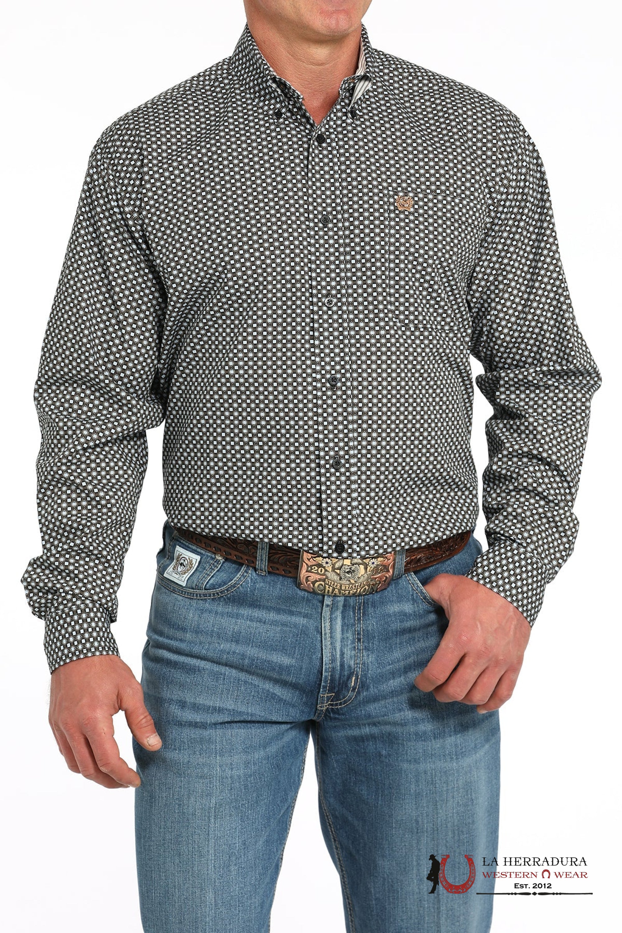 CINCH MEN’S BOTTON DOWN SHIRST BLACK BABY BLUE SQUARES MTW1105951 ROPA HOMBRES