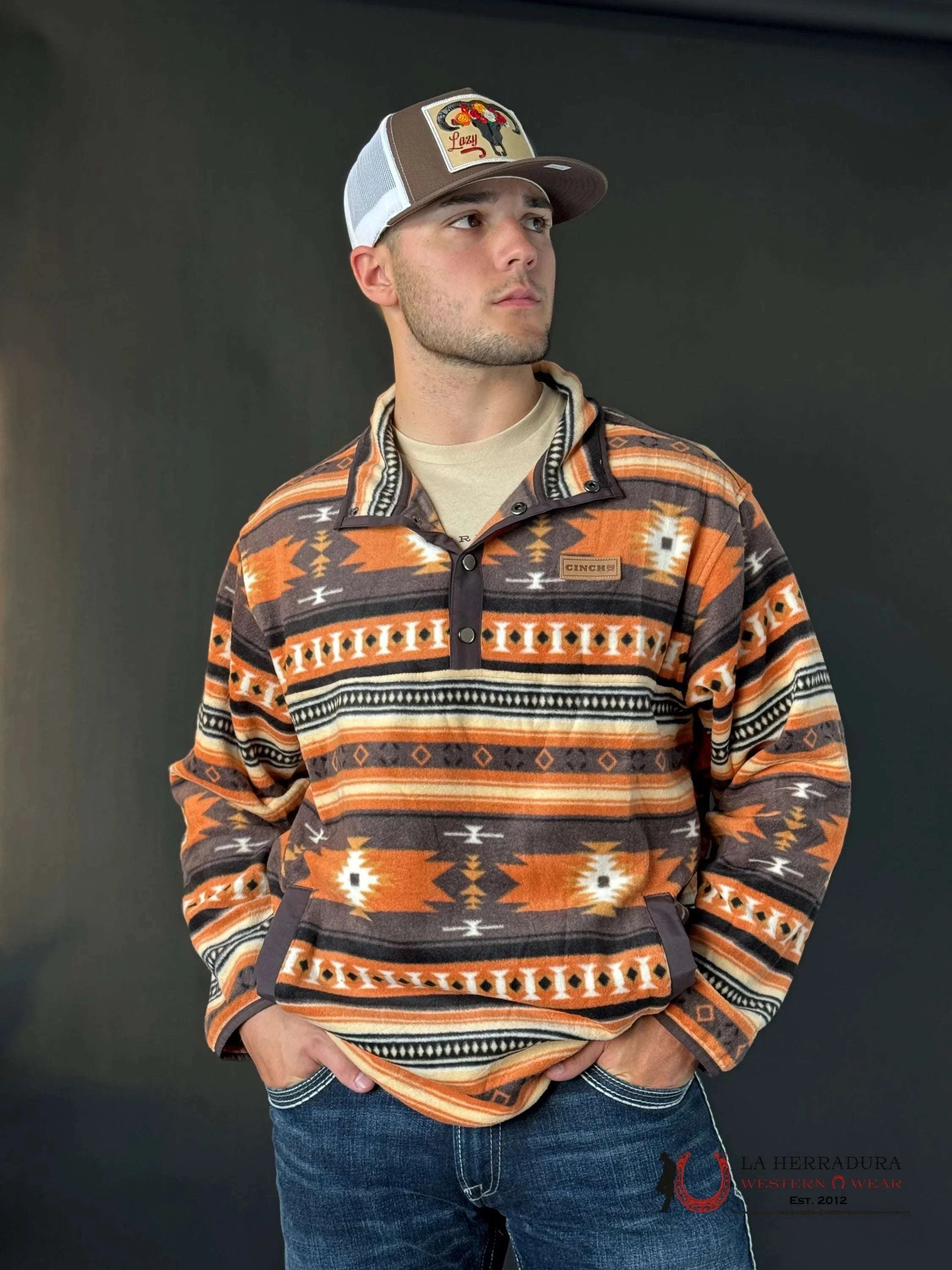 Cinch Mens Burnt Orange Brown Aztec Pull Over Ropa Hombres