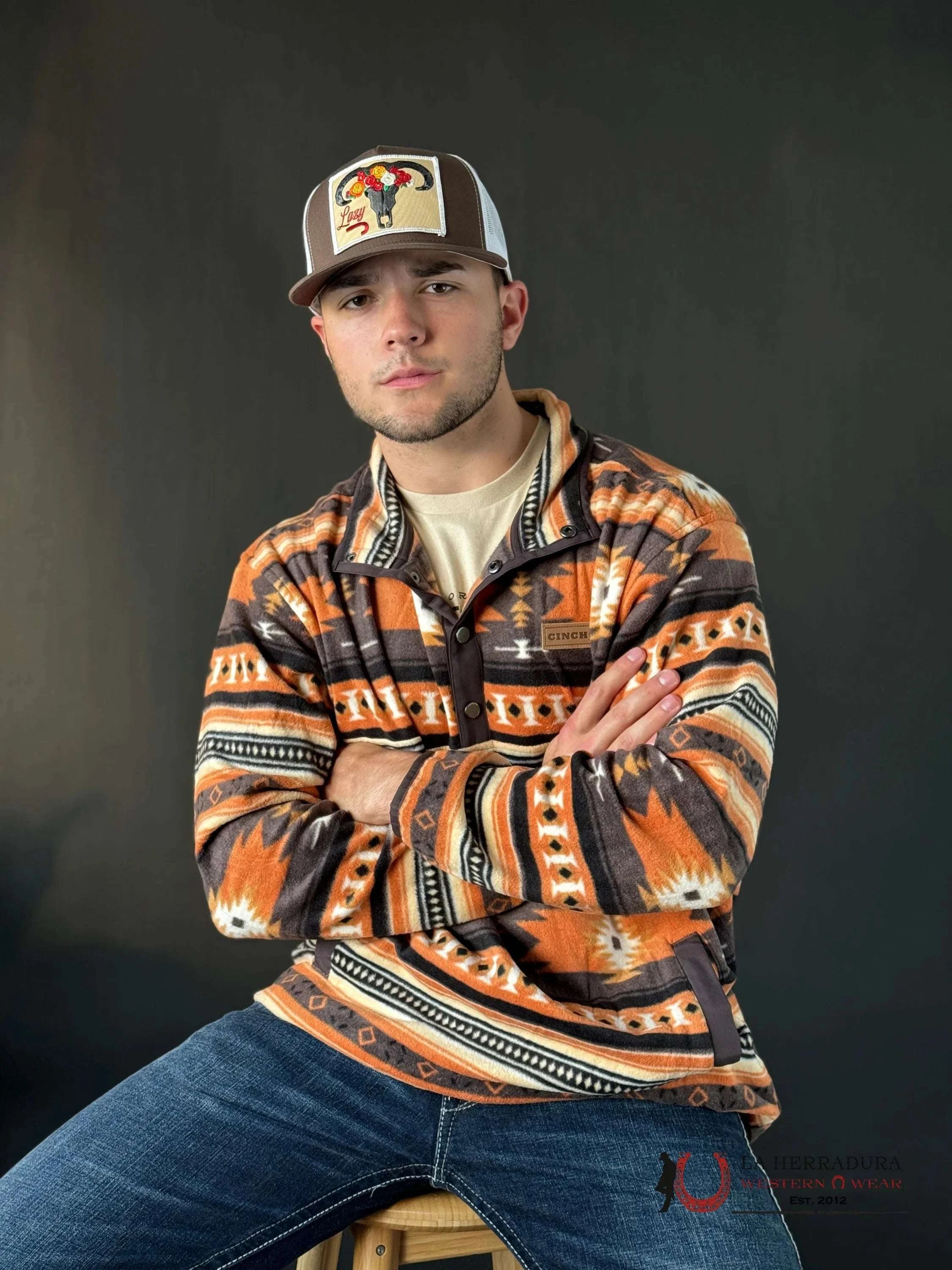Cinch Mens Burnt Orange Brown Aztec Pull Over Ropa Hombres
