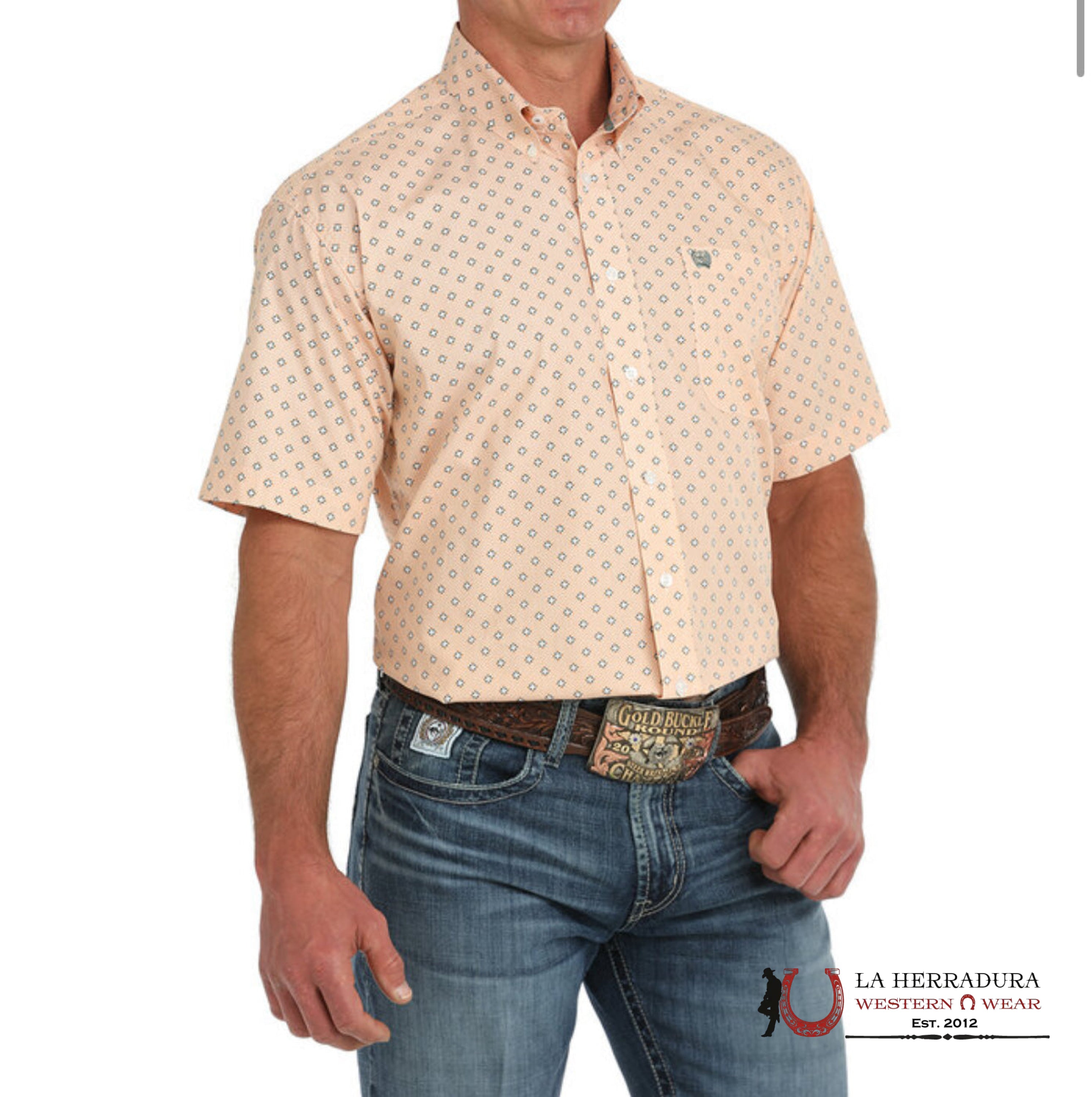 CINCH MENS BUTTON DOWN ORANGE SHORT SLEEVE WITH WESTERN PRINT - 1473 ROPA HOMBRES