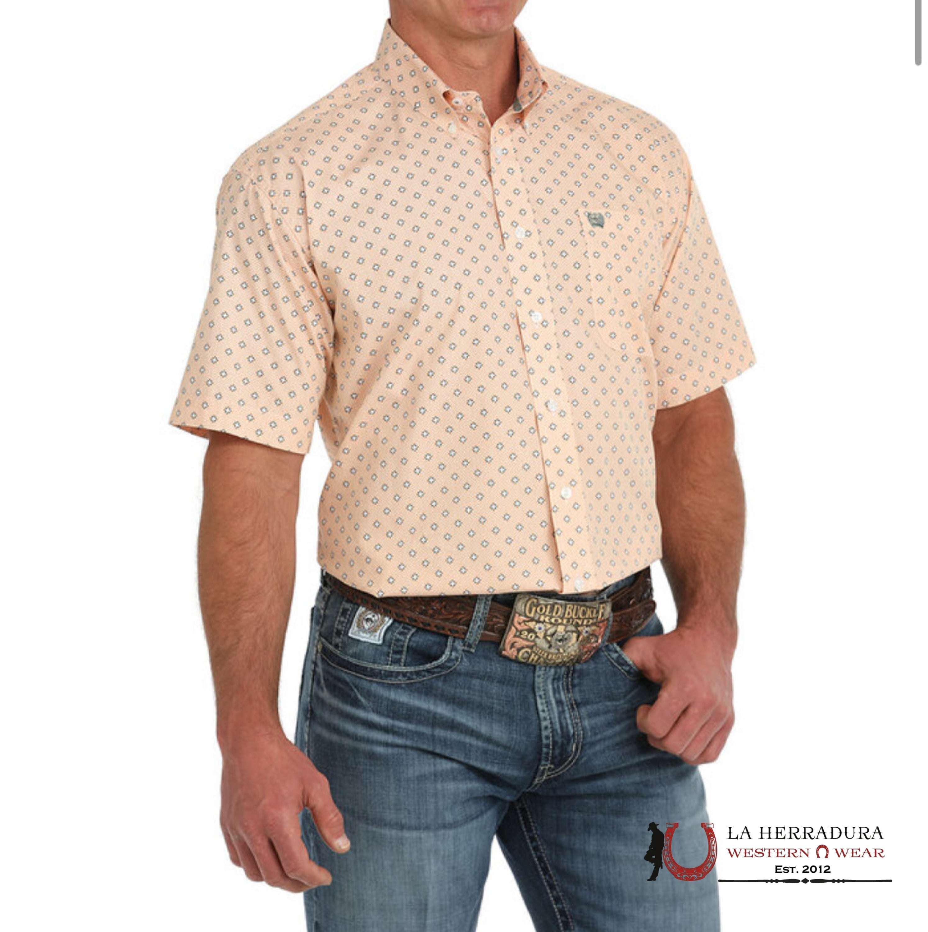 CINCH MENS BUTTON DOWN ORANGE SHORT SLEEVE WITH WESTERN PRINT - 1473 ROPA HOMBRES
