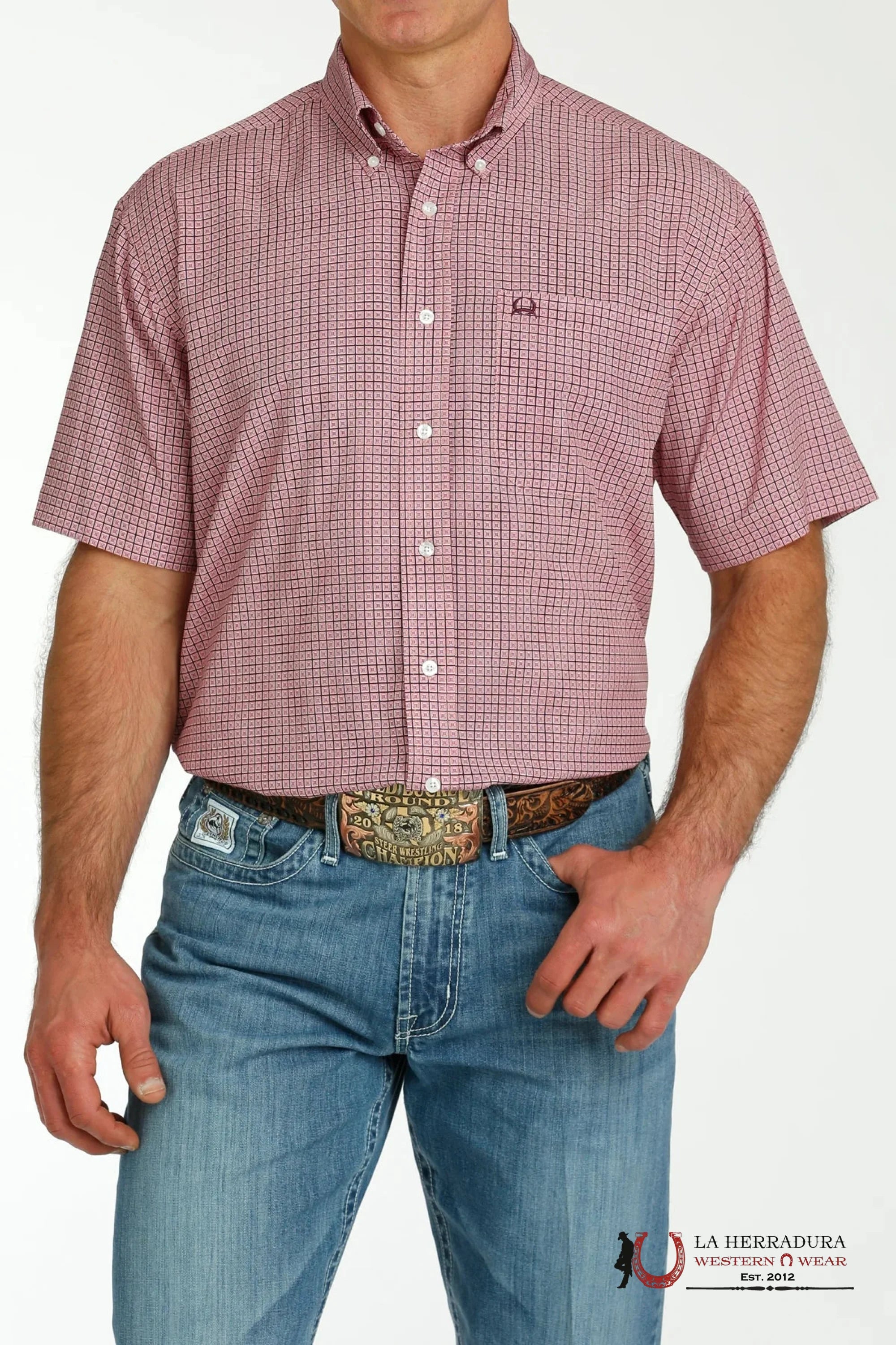 CINCH MENS BUTTON DOWN PINK SHORT SLEEVE WITH WESTERN PRINT - MTW1704142 ROPA HOMBRES