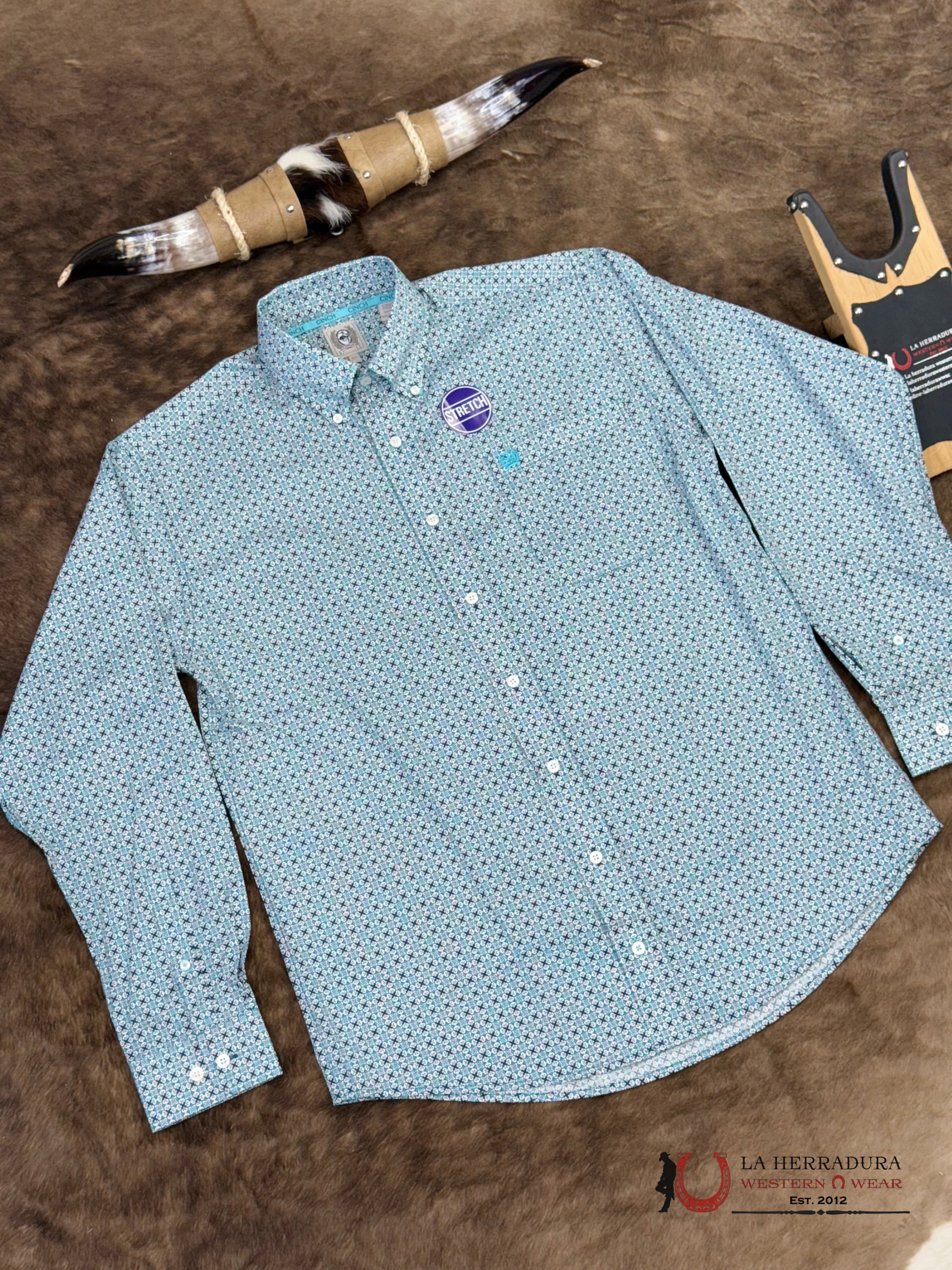 Cinch Men’s Cream Blue With Floral Print Long Sleeve Shirt - 5901 ROPA HOMBRES