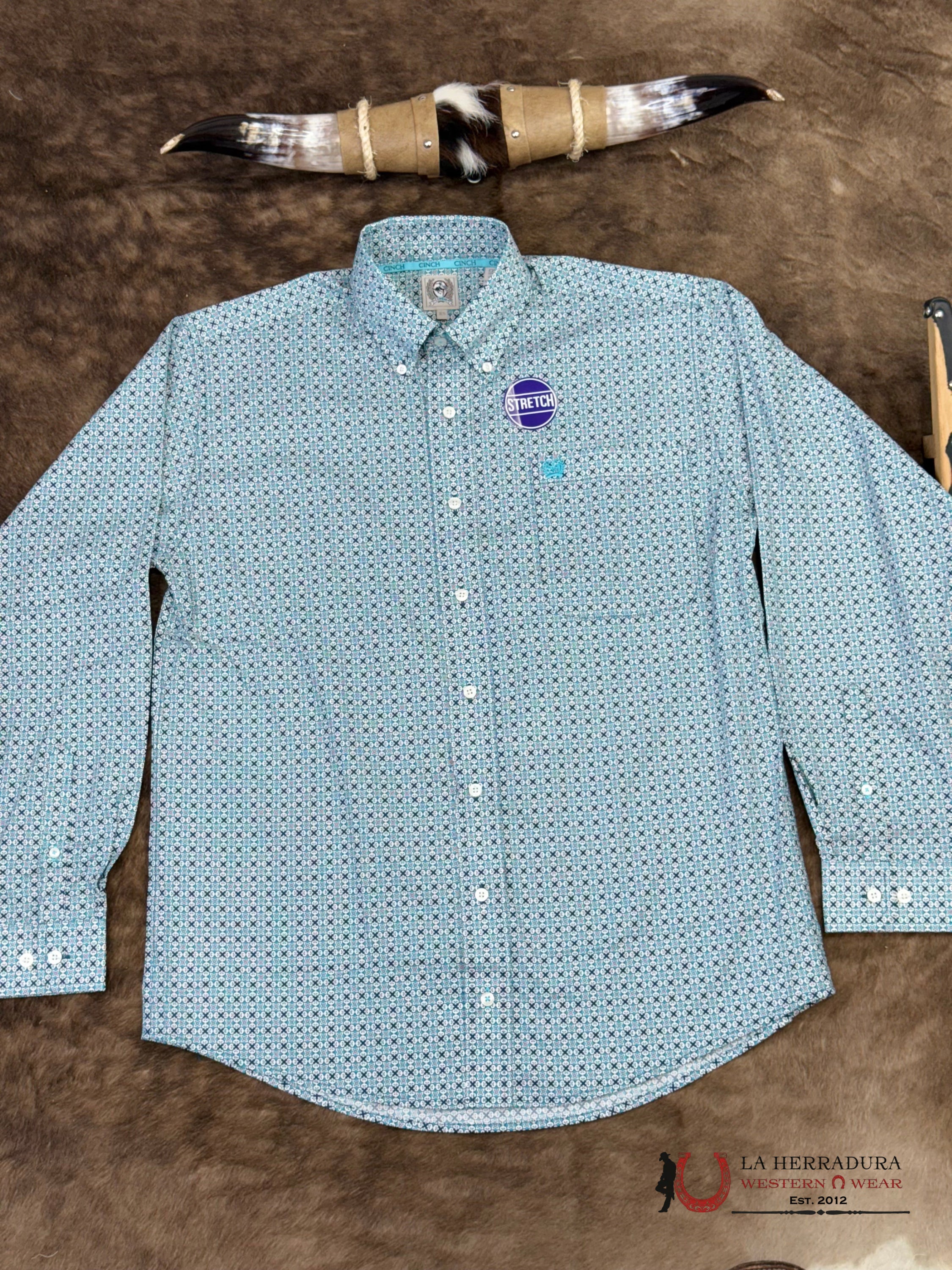 Cinch Men’s Cream Blue With Floral Print Long Sleeve Shirt - 5901 ROPA HOMBRES