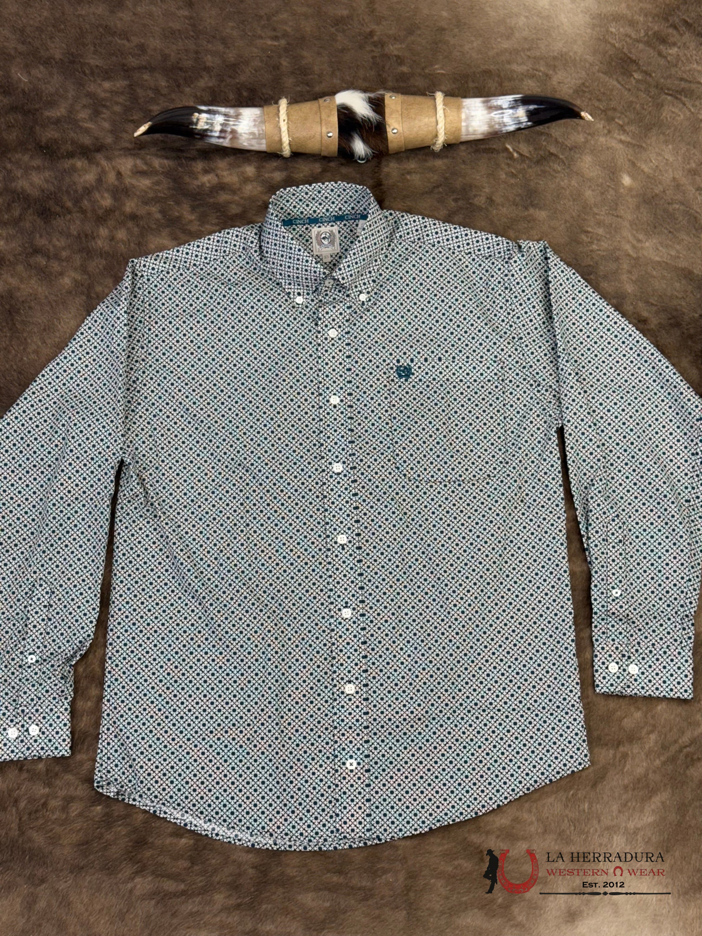Cinch Men’s Cream With Dark Blue With Floral Print Long Sleeve Shirt - 5909 ROPA HOMBRES