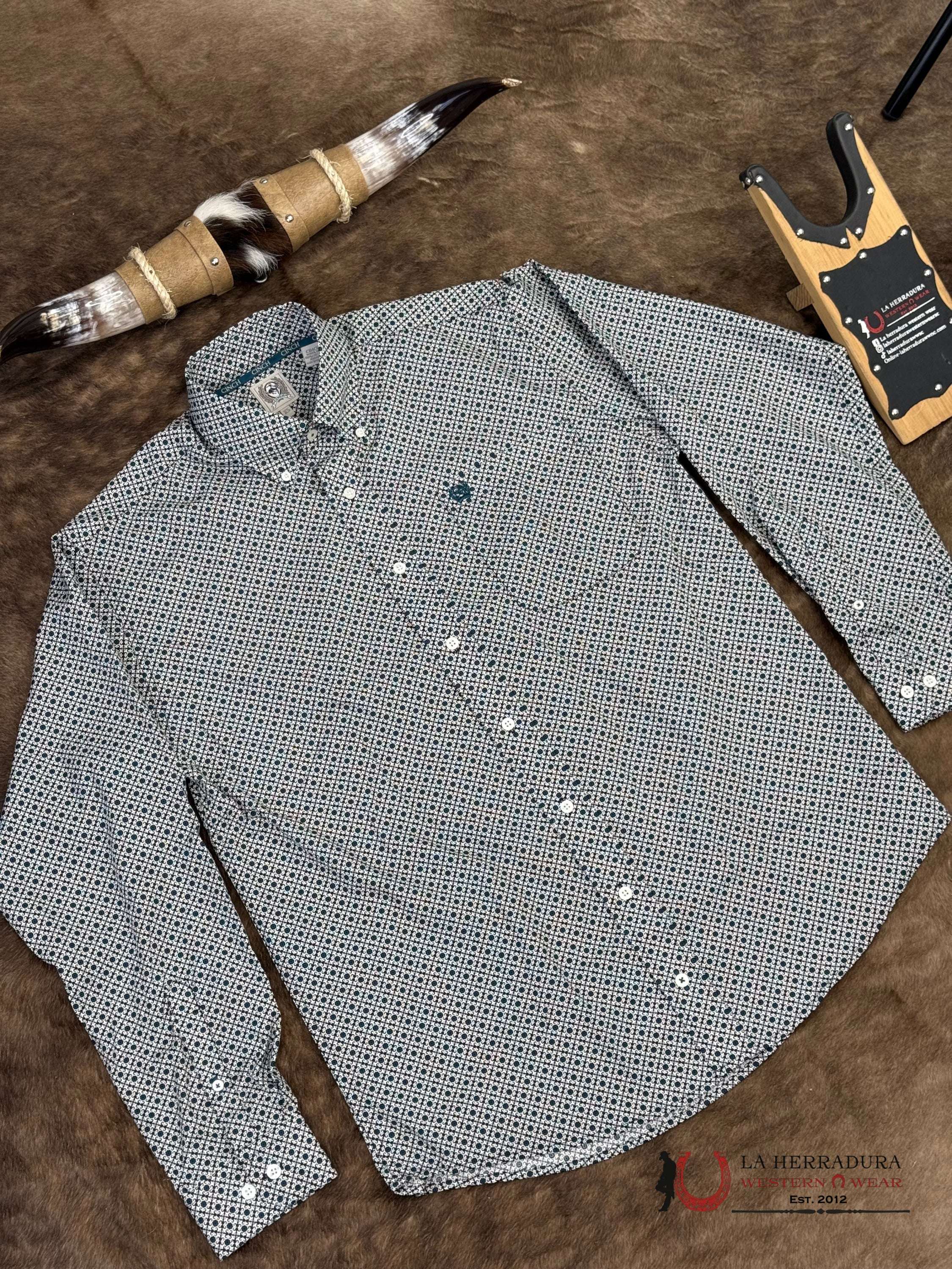 Cinch Men’s Cream With Dark Blue With Floral Print Long Sleeve Shirt - 5909 ROPA HOMBRES