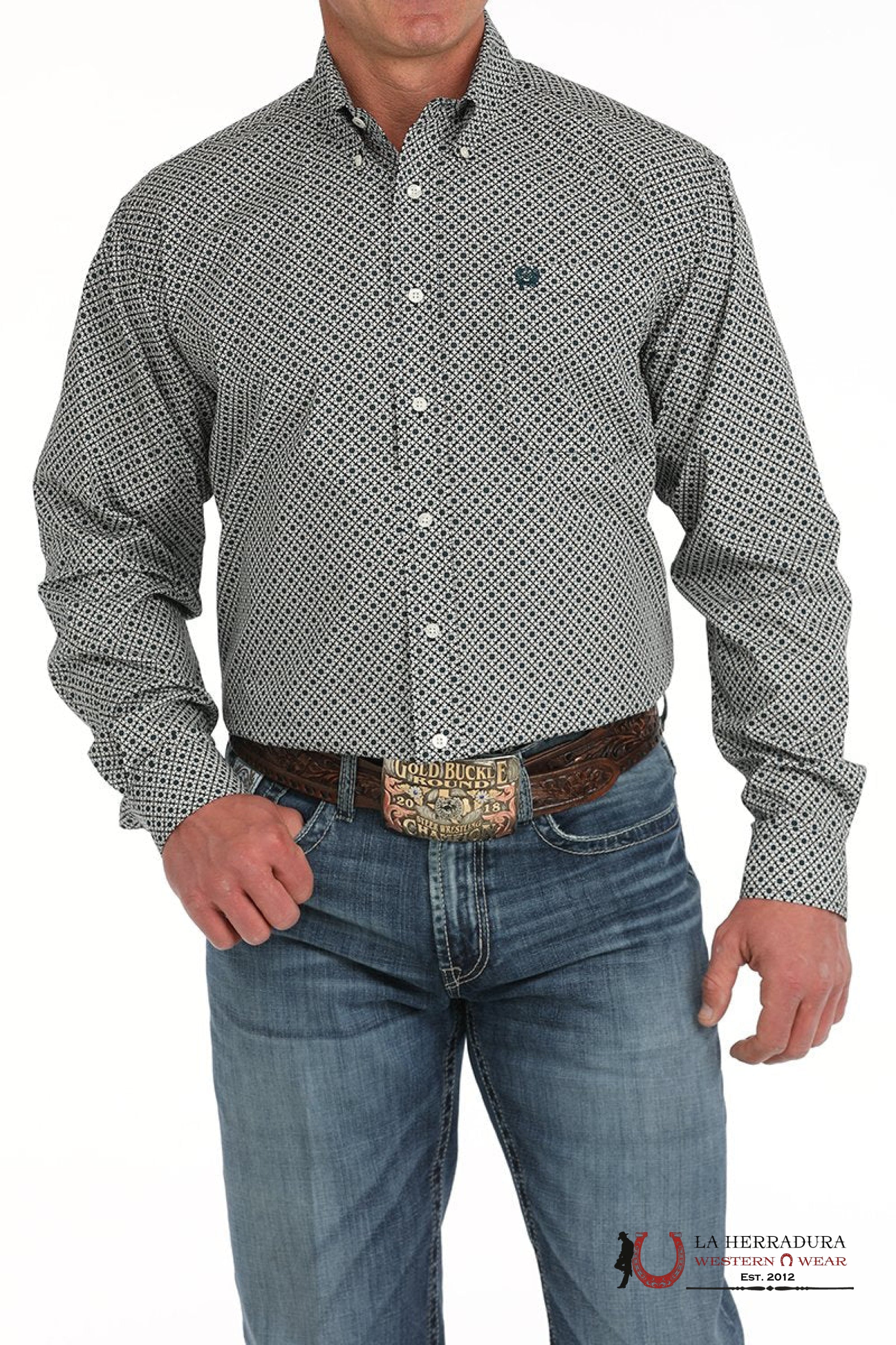 Cinch Men’s Cream With Dark Blue With Floral Print Long Sleeve Shirt - 5909 ROPA HOMBRES