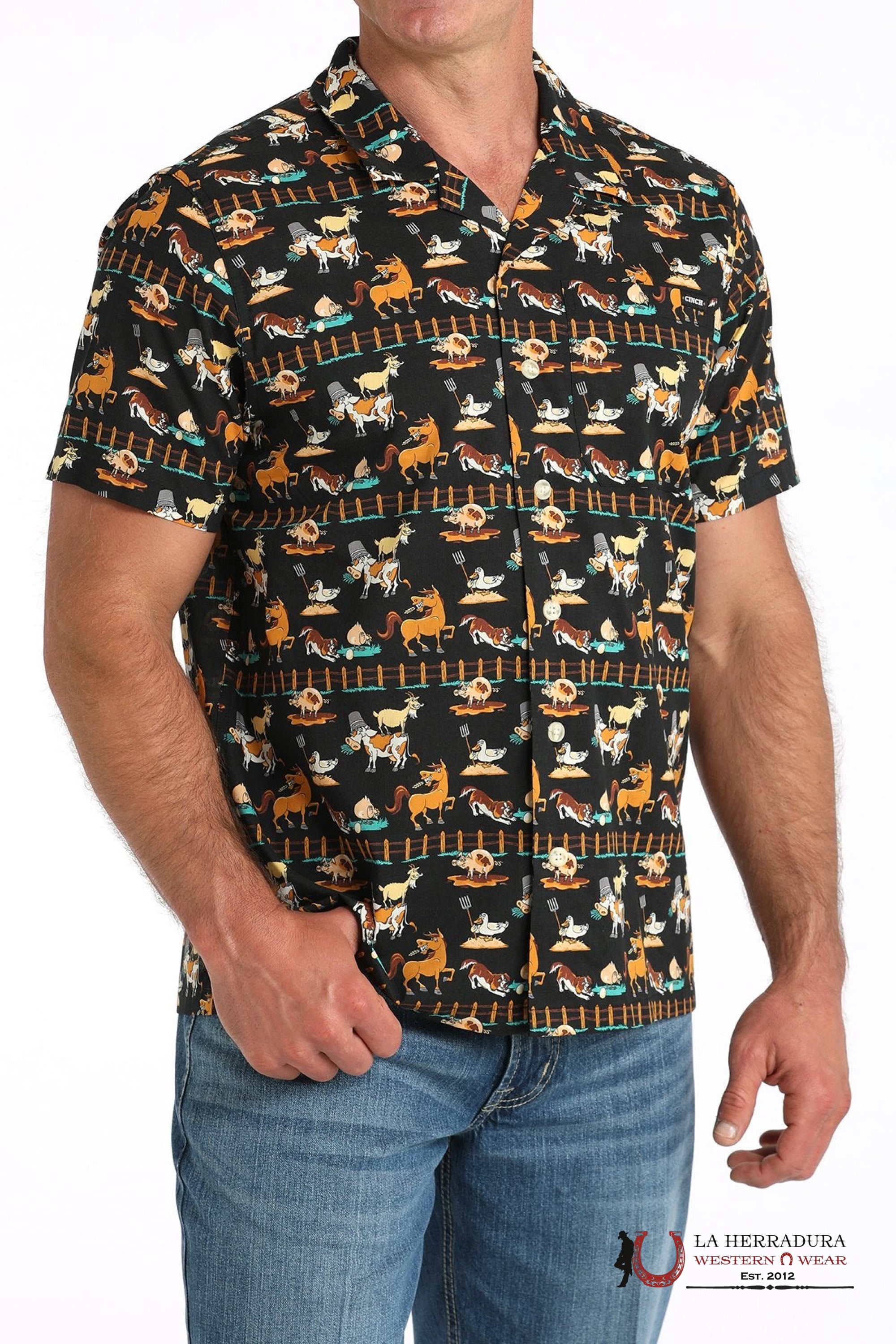 CINCH MEN’S FUNNY FARM CAMP SHIRT - BLACK MTW1401051 ROPA HOMBRES