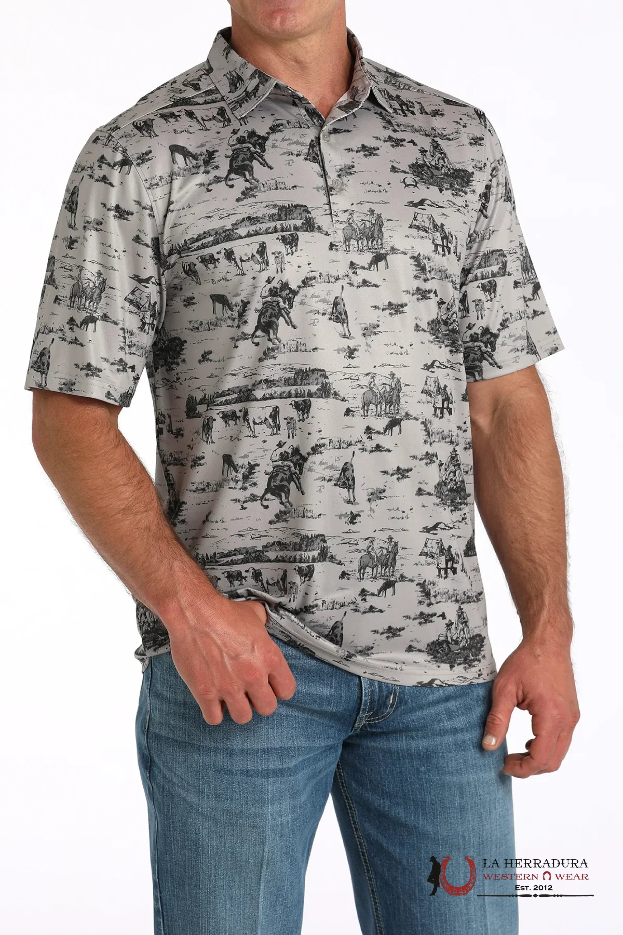 CINCH MENS GREY WESTERN SCENE POLO MTK1863049 ROPA HOMBRES