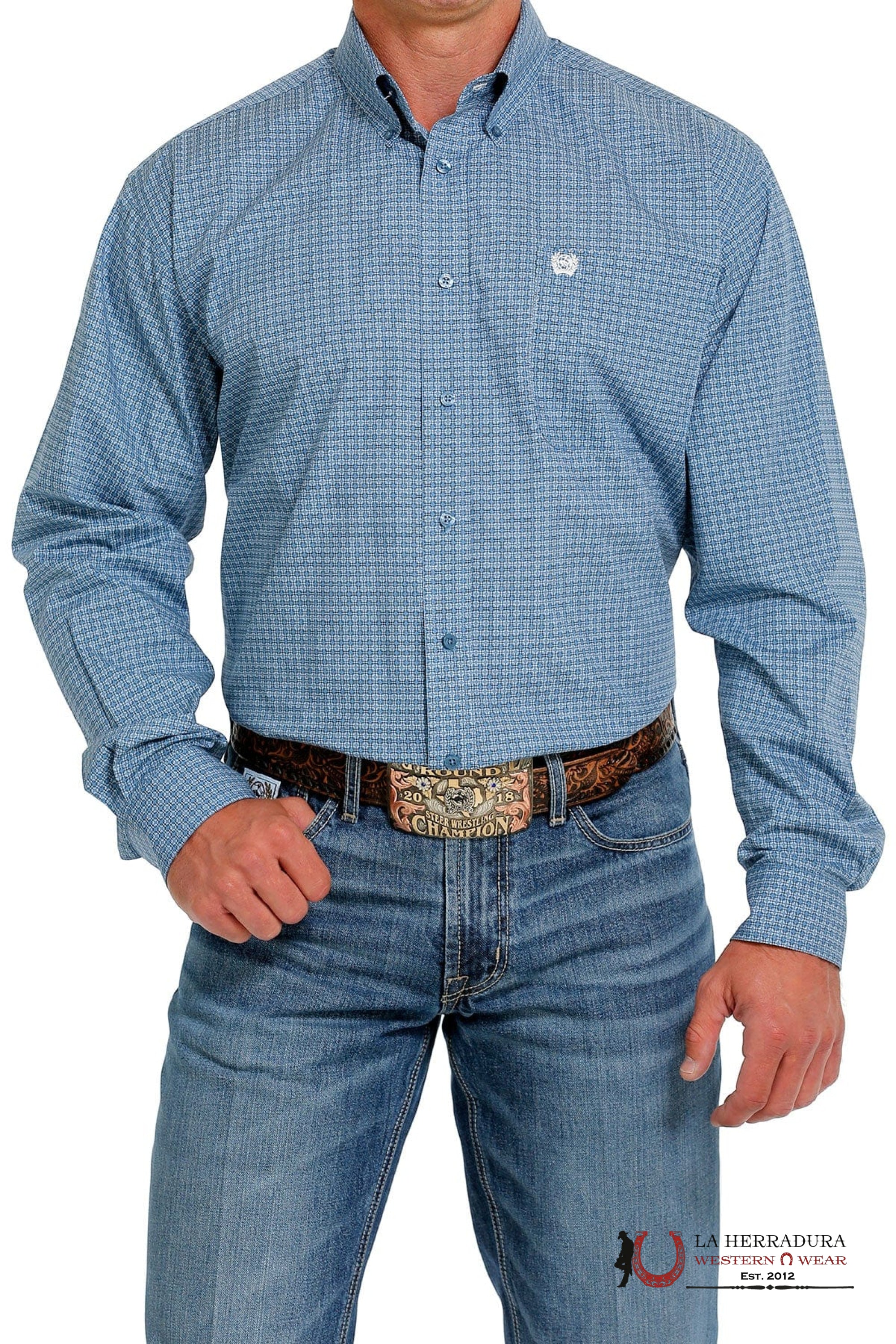 CINCH MEN'S MEDALLION PRINT BUTTON-DOWN WESTERN SHIRT - BLUE