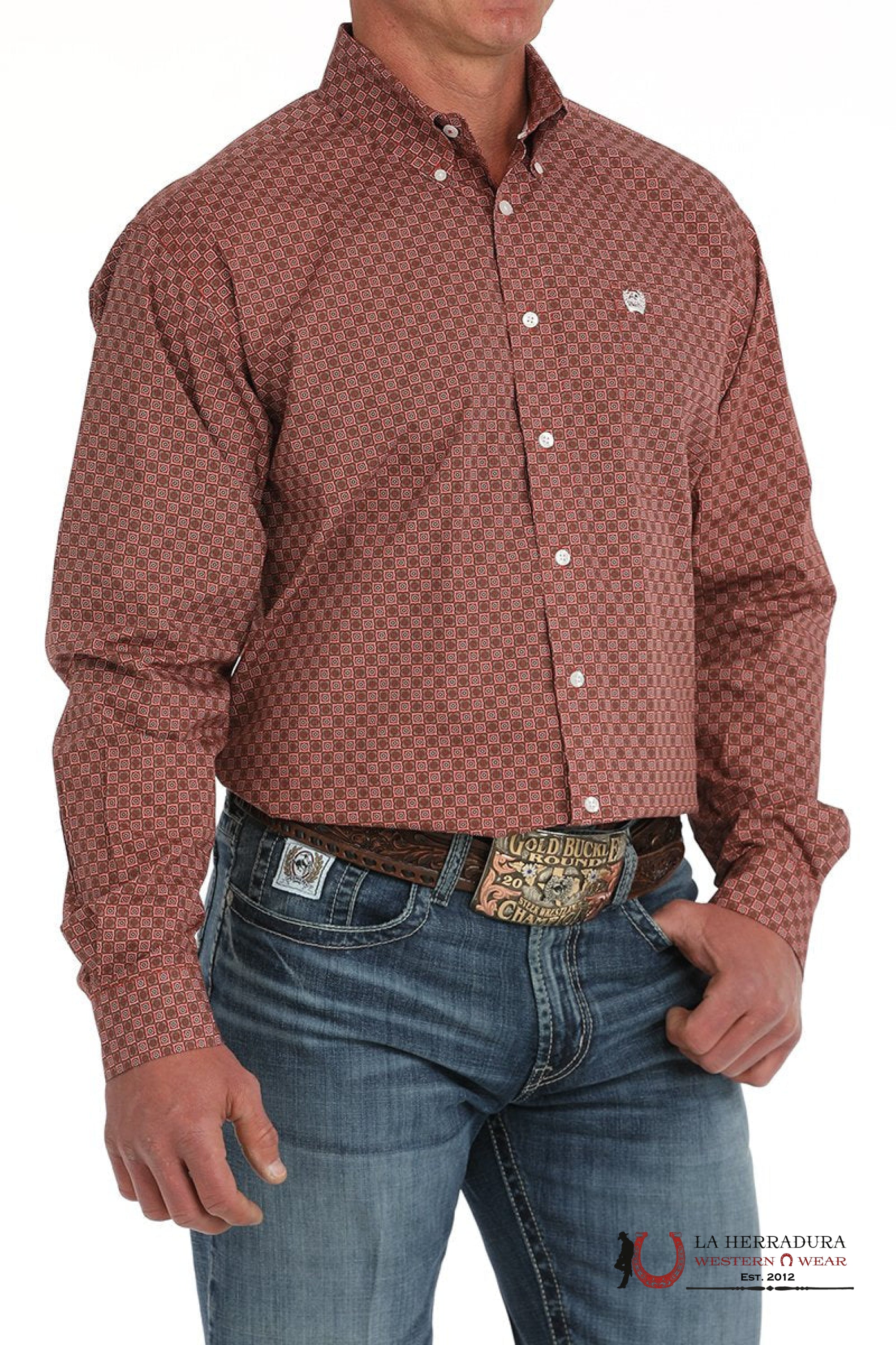 Cinch Men’s Medallion Print Button Down Western Shirt Red - 5872 Ropa Hombres
