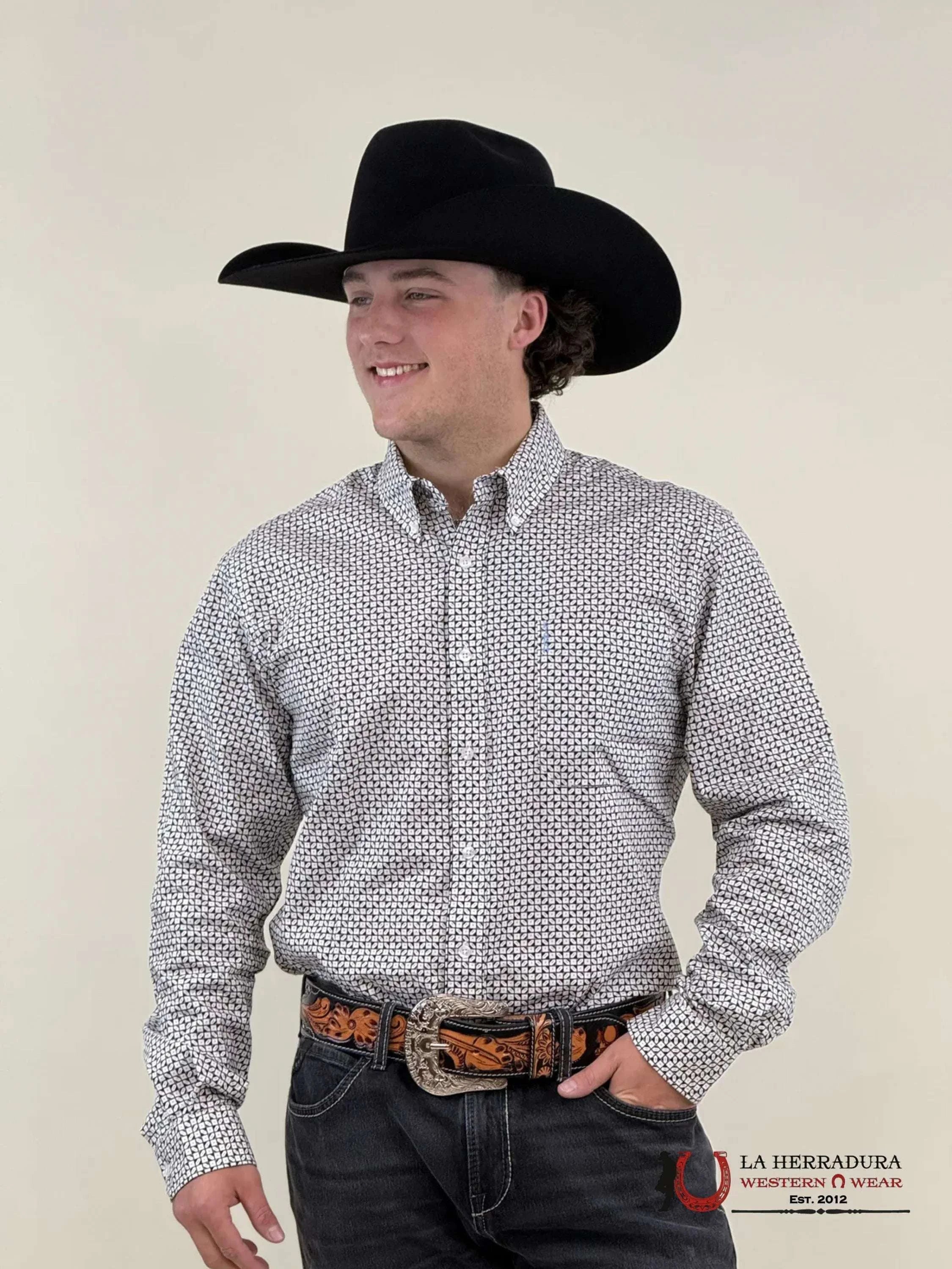 CINCH MEN’S MODERN FIT GEOMETRIC PRINT BUTTON-DOWN WESTERN SHIRT - WHITE/BLACK MTW1347108 ROPA HOMBRES