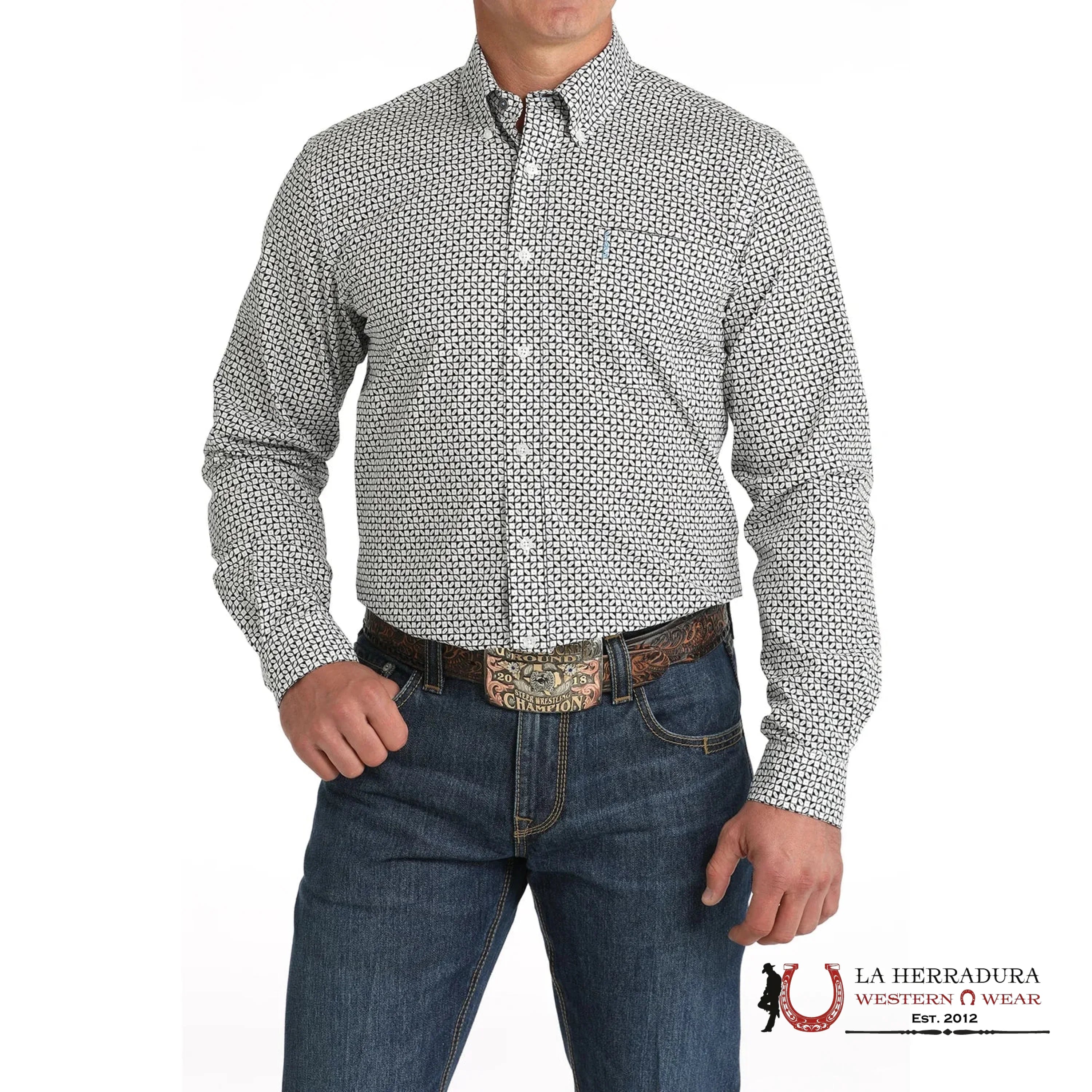 CINCH MEN’S MODERN FIT GEOMETRIC PRINT BUTTON DOWN WESTERN SHIRT WHITE/BLACK MTW1347108 ROPA HOMBRES