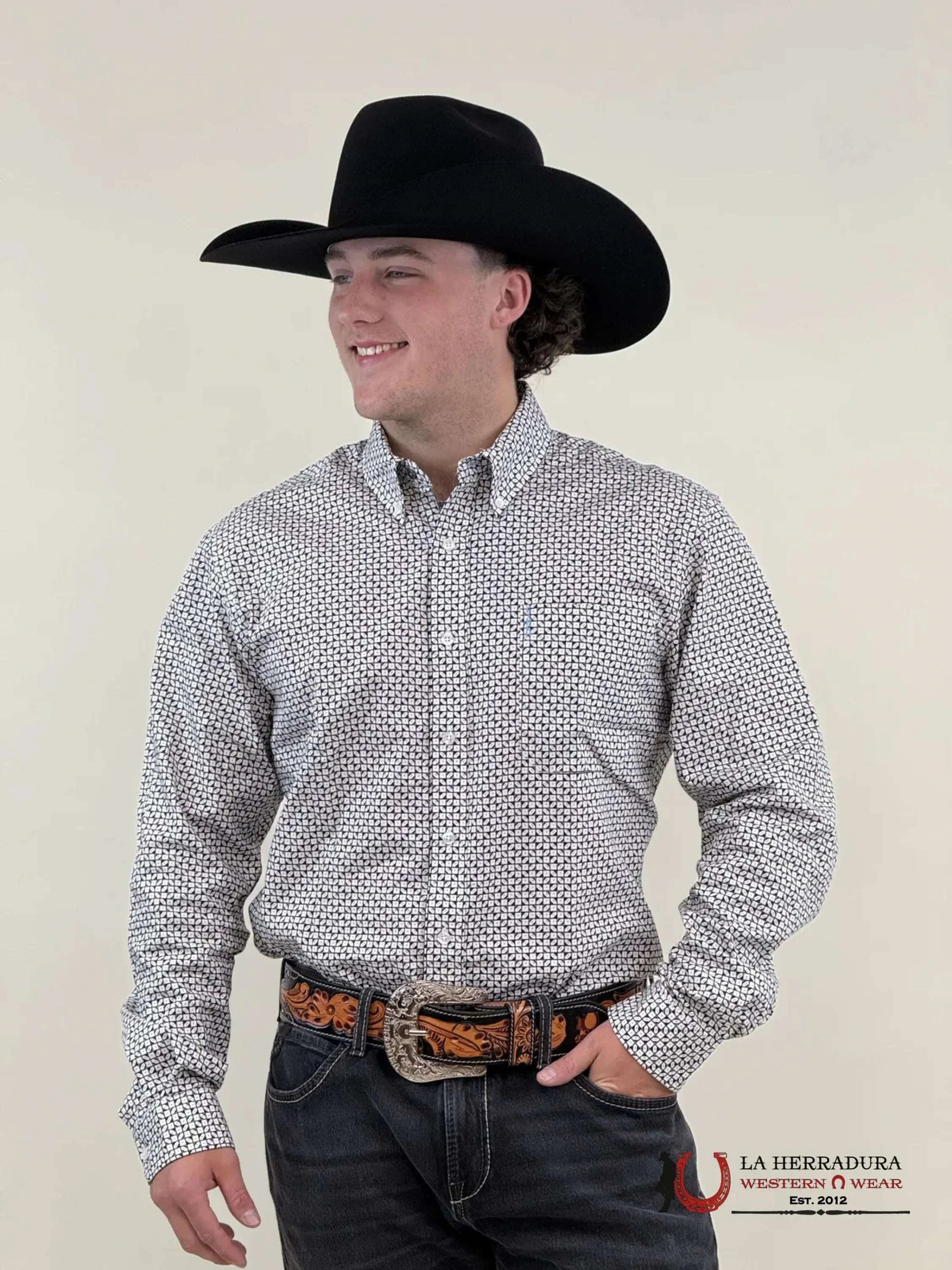 CINCH MEN’S MODERN FIT GEOMETRIC PRINT BUTTON-DOWN WESTERN SHIRT - WHITE/BLACK MTW1347108 ROPA HOMBRES