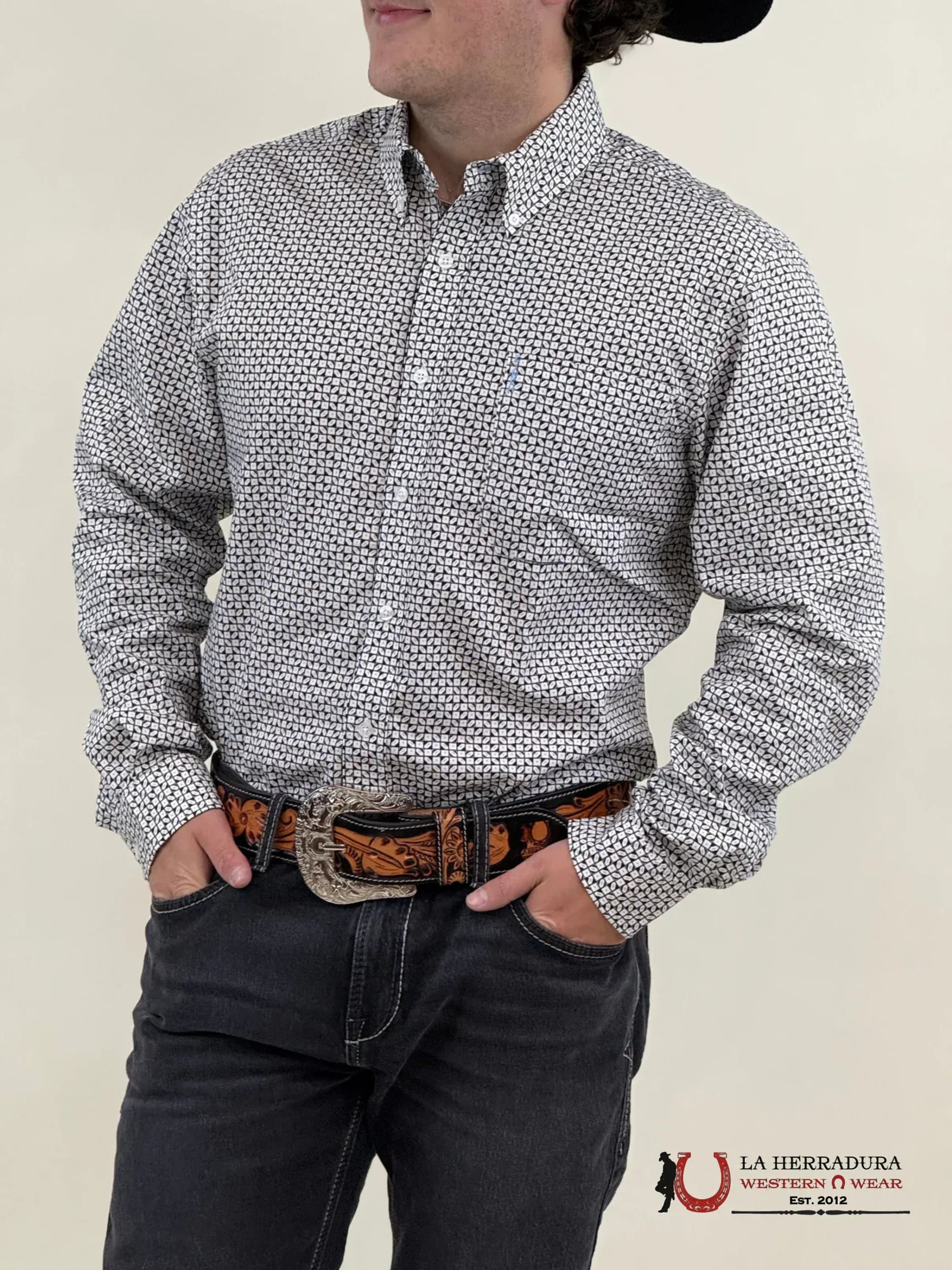 CINCH MEN’S MODERN FIT GEOMETRIC PRINT BUTTON-DOWN WESTERN SHIRT - WHITE/BLACK MTW1347108 ROPA HOMBRES