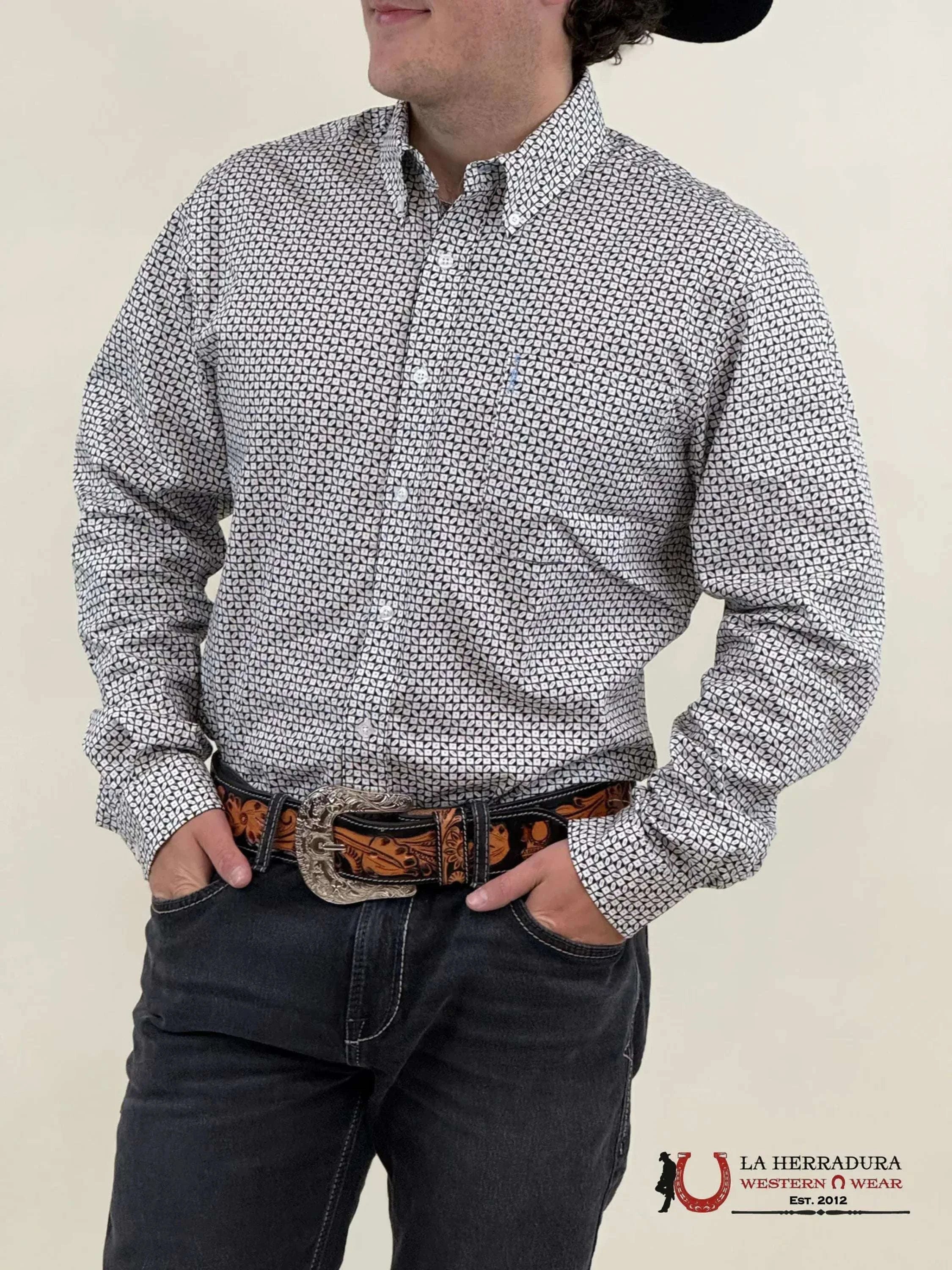 CINCH MEN’S MODERN FIT GEOMETRIC PRINT BUTTON-DOWN WESTERN SHIRT - WHITE/BLACK MTW1347108 ROPA HOMBRES
