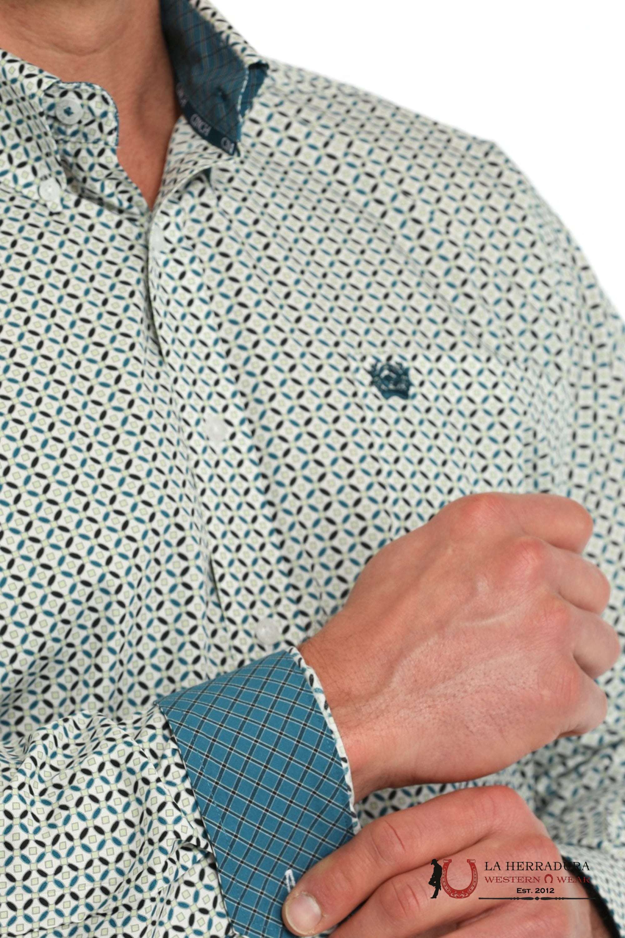 CINCH MEN’S MODERN FIT GEOMETRIC PRINT BUTTON-DOWN WESTERN SHIRT - WHITE/GREEN MTW1105863 ROPA HOMBRES