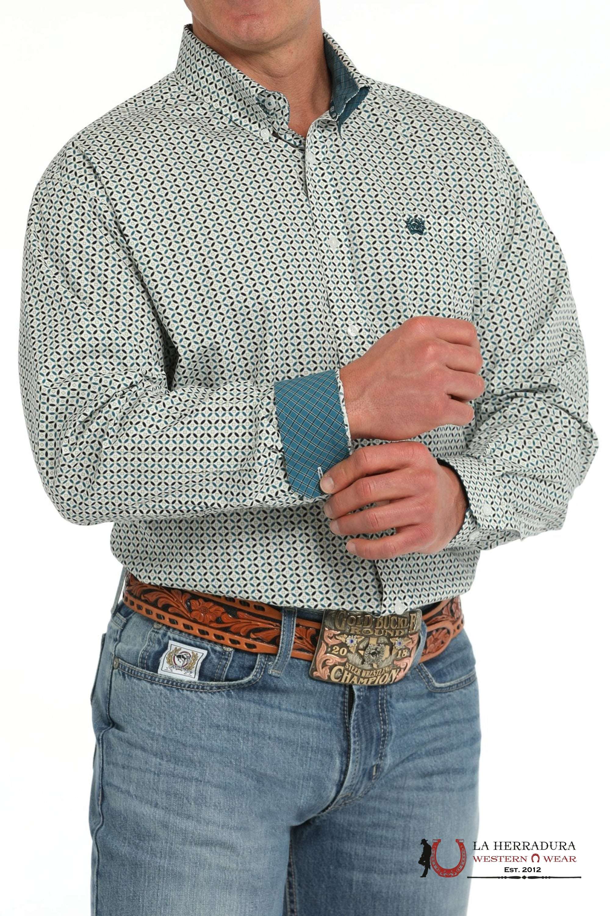 CINCH MEN’S MODERN FIT GEOMETRIC PRINT BUTTON-DOWN WESTERN SHIRT - WHITE/GREEN MTW1105863 ROPA HOMBRES