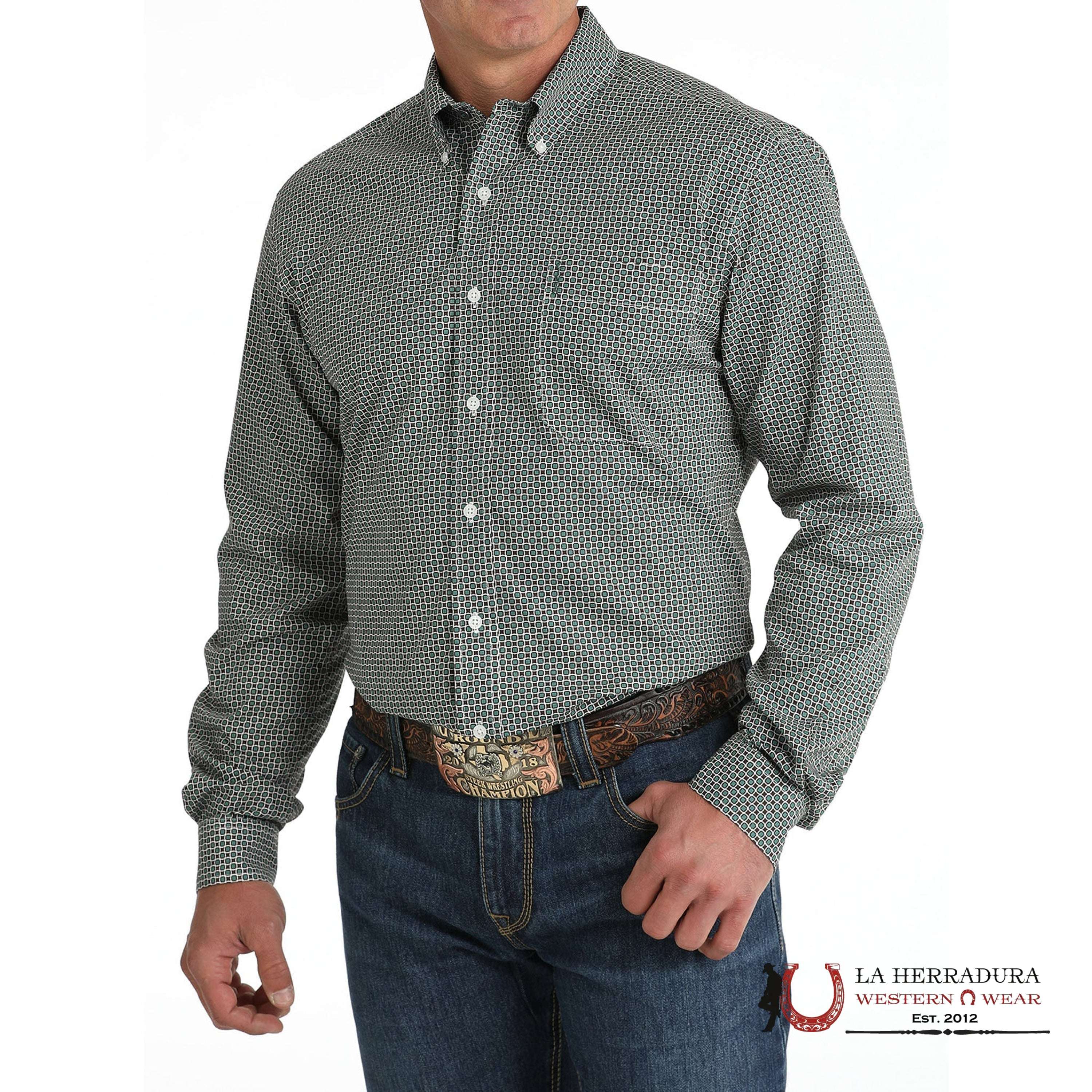 CINCH MEN’S MODERN FIT SQUARE PRINT BUTTON-DOWN WESTERN SHIRT - GREEN MTW1347115 ROPA HOMBRES