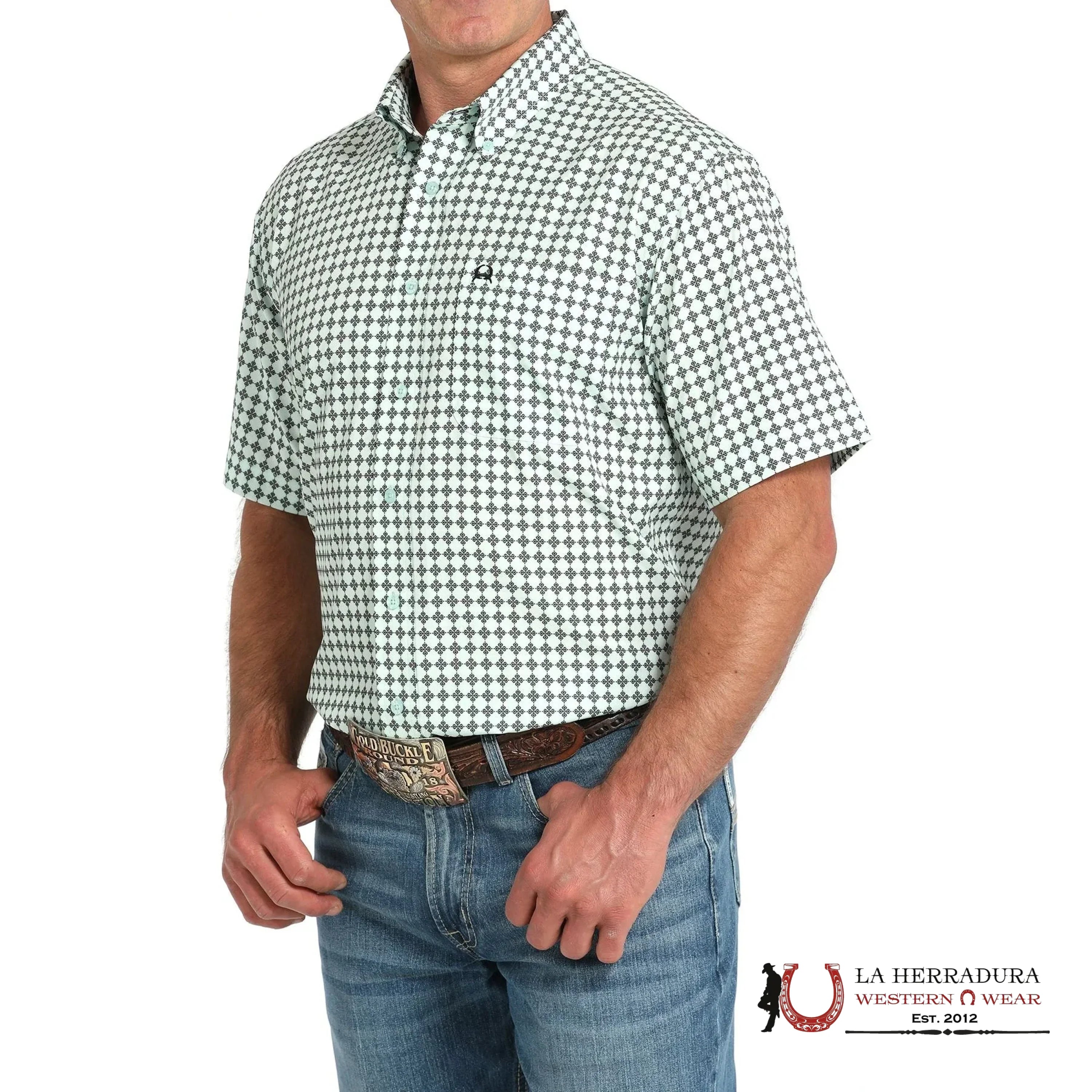 CINCH MEN’S SHORT SLEEVE BOTTON DOWN MINT GREEN & BLACK MTW1704159 ROPA HOMBRES