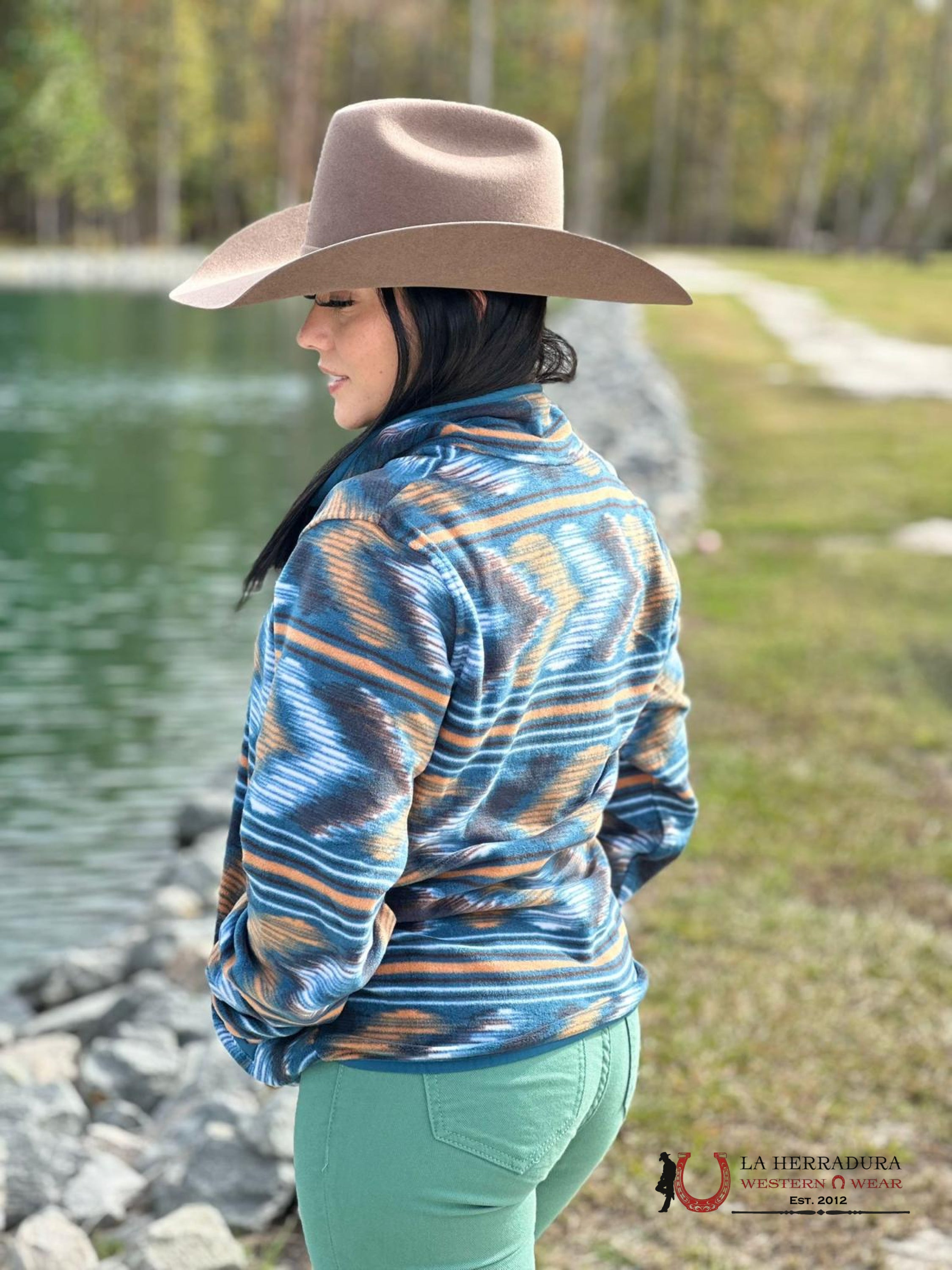 Cinch Womens Pullover Blue W/White & Brown Aztec Pattern Ropa Mujeres
