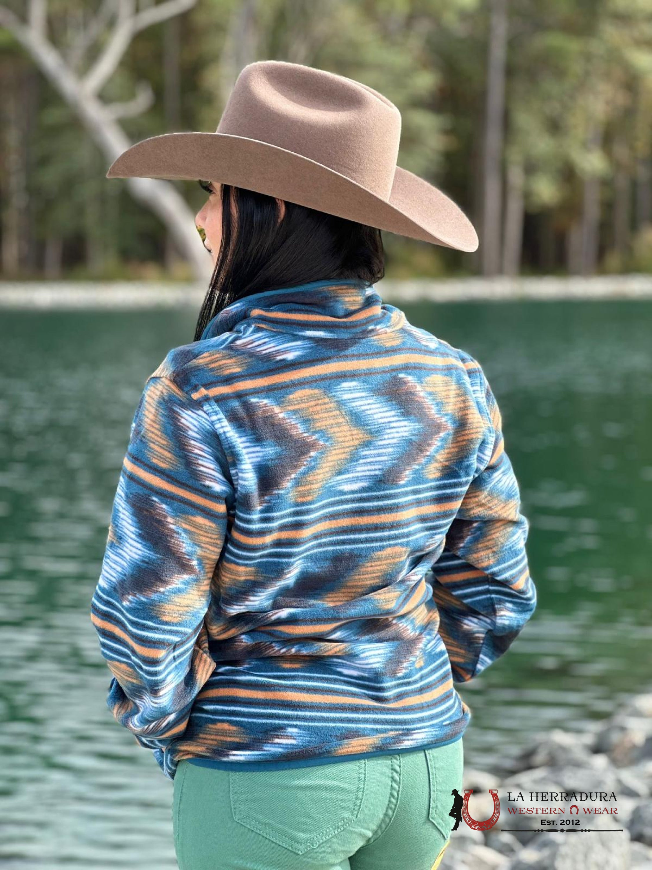 Cinch Womens Pullover Blue W/White & Brown Aztec Pattern Ropa Mujeres