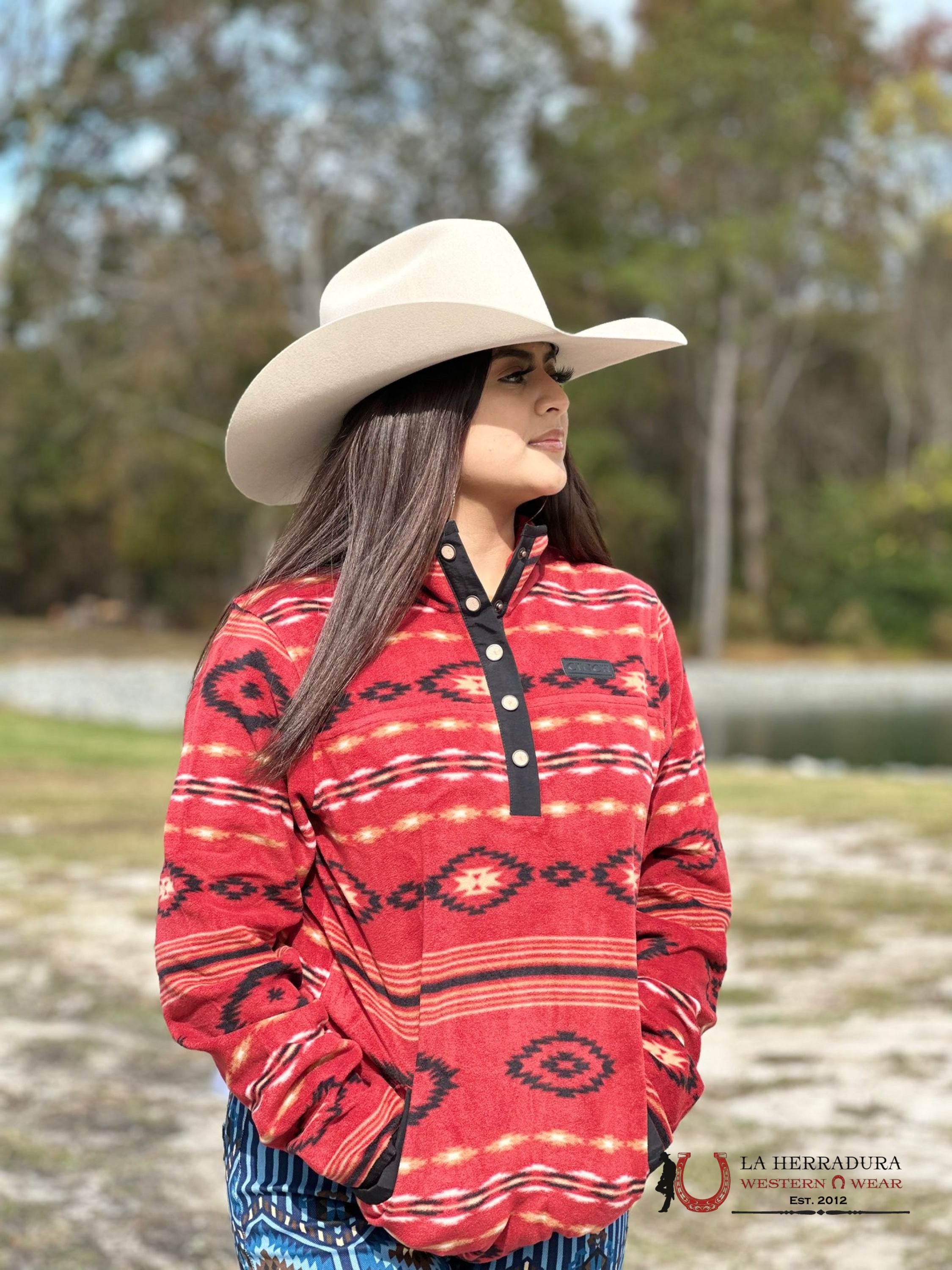 Cinch Womens Red Aztec Pattern Pullover Ropa Mujeres